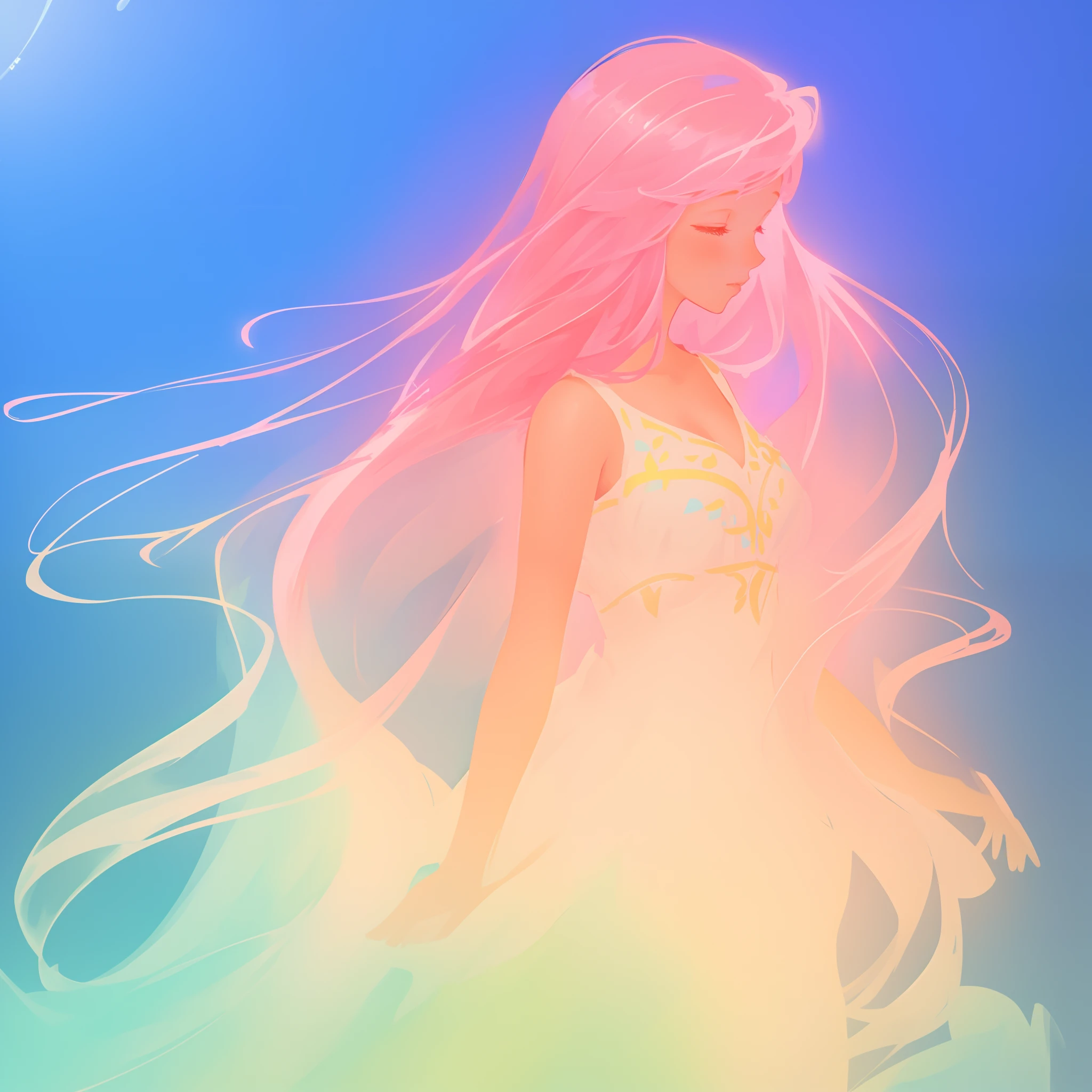 beautiful girl in flowing white ballgown , looking away, profile view of face, vibrant pastel colors, (colorful), magical lights, long flowing sparkling pink hair, inspired by Glen Keane, inspired by Lois van Baarle, disney art style, by Lois van Baarle, glowing aura around her, by Glen Keane, jen bartel, fantasia background, whimsical, magical, fantasy, beautiful face, ((masterpiece, best quality)), intricate details, highly detailed, sharp focus, 8k resolution, liquid watercolor
