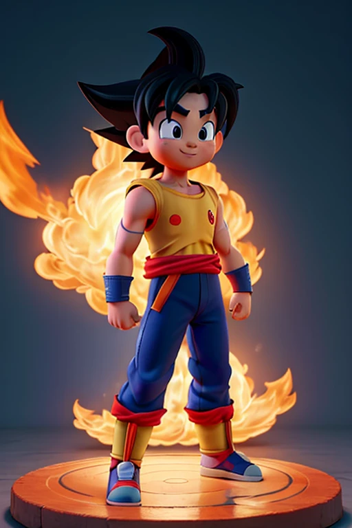 goku dragon ball bodybuilder, beautiful face, serious face, orange hair, red eyes, perfect body, fire background, chaos, (full body), fit body, abs, medium breasts, muscular,blue and orange topless armor, (cute, chibi)