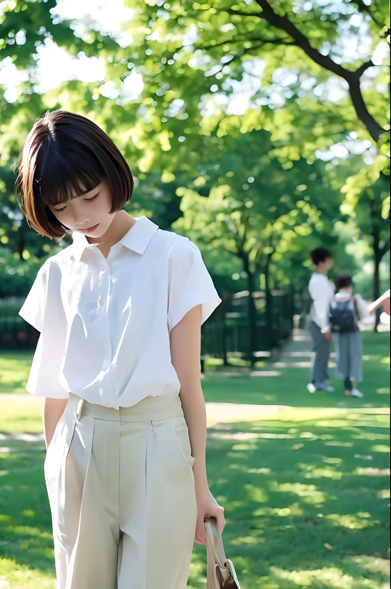 １４age、white  shirt、Smaller chest、a short bob、parfect anatomy、plein air、a park、blurry backround