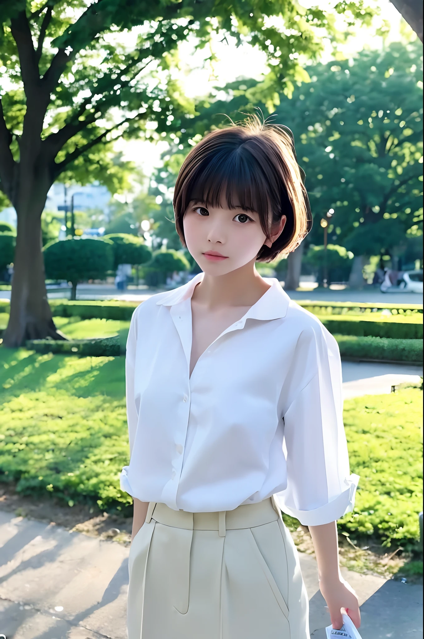 14age、white shirt、Smaller chest、a short bob、parfect anatomy、plein air、a park、blurry backround