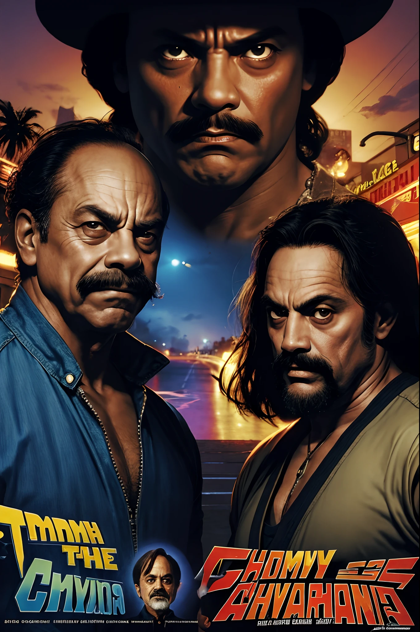 Cheech Marin vs. Tommy Chong movie poster in the art style of Shinkiro.