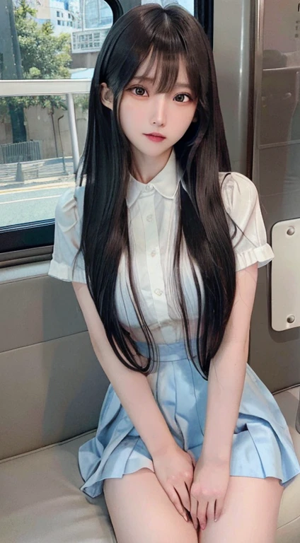 bright expression、photorealisim、top-quality、超A high resolution、a picture、Photos of the most beautiful Nordic girls、Detailed cute and beautiful face、a small face、(pureerosface_v1:0.008)、Beautiful bangs、alice in the wonderland、sixteen years old、(thighs thighs thighs thighs:1.2)、full body Esbian、profetional lighting、Detailed skin、hime_cut、Hair tangled in the face、Bangs that extend to the face、bangss、Hair between the eyes、length hair、Silky hair of attractive black color、finer hair、 clear light blue eyes、(Shy laughter:0.6)、(Summer School Uniforms:1.2)、(Pleated skirt:1.2)、natural make up、Take the train、Double eyelids、medium breasts⁩、Dynamic Pose