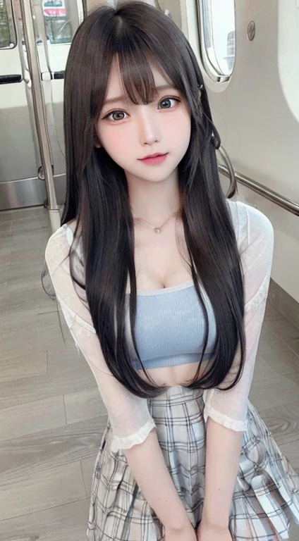 bright expression、photorealisim、top-quality、超A high resolution、a picture、Photos of the most beautiful Nordic girls、Detailed cute and beautiful face、a small face、(pureerosface_v1:0.008)、Beautiful bangs、alice in the wonderland、、(thighs thighs thighs thighs:1.2)、full body Esbian、profetional lighting、Detailed skin、hime_cut、Hair tangled in the face、Bangs that extend to the face、bangss、Hair between the eyes、length hair、Silky hair of attractive black color、finer hair、 clear light blue eyes、(Shy laughter:0.6)、(Summer School Uniforms:1.2)、(Pleated skirt:1.2)、natural make up、Take the train、Double eyelids、medium breasts、Dynamic Pose