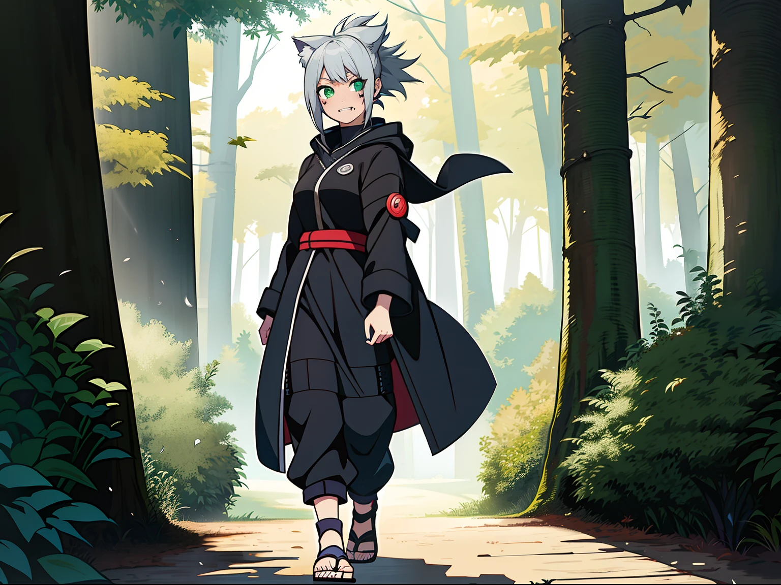 SFW, ultra 4k hd, absurdres, anime, naruto, white hair, lavender hair, gray hair, silver hair, neko, green eyes, ninja, short hair, chubby, medium breasts, messy hair, gray hair, cat ears, catgirl, nekomimi, cat tail, forehead protector, kunoichi, hair between eyes, silver hair, anime style, fullbody, eye scar, fangs, 1girl, naruto shippuden, solo, baggy clothes, alone, forest, village, akatsuki, leaf village, konoha, 1fang, cloak, fishnets, v bangs, bangs, fluffy, dark clothes, purple clothes, clothing design, ninja fashion, light eyes, scar over eye, light green eyes, scars, hood, hood down, hood off, ((best quality:1), (masterpiece:1), (ultra-detailed:1):1.3), cinematic lighting, detailed background, detailed, absurd detail, ahoge, short ponytail, half updo