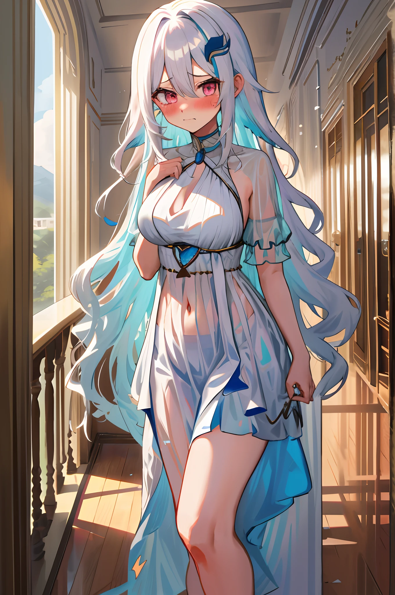 a women, blue hair, blue eyes, white dress