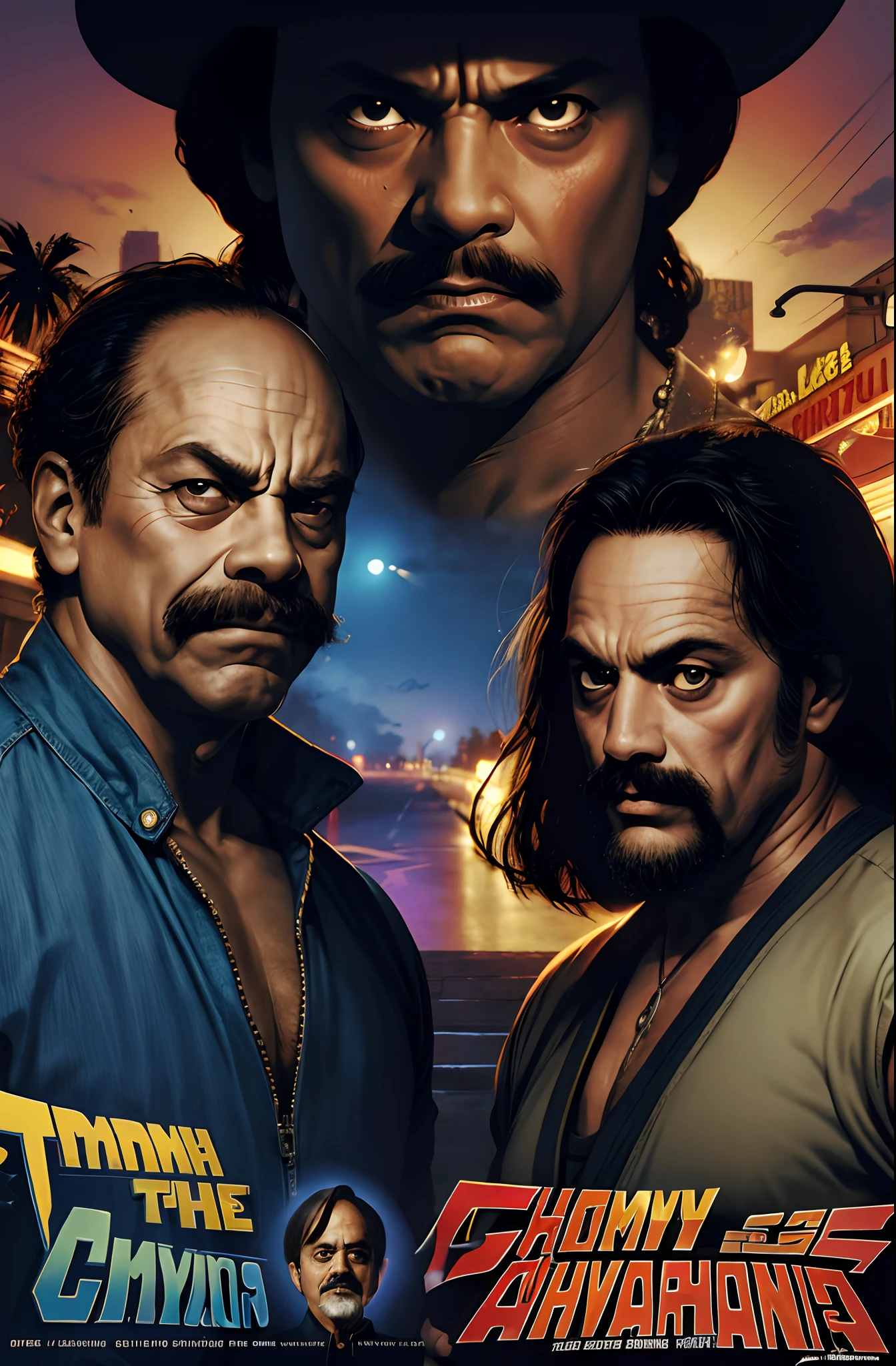 Cheech Marin vs. Tommy Chong movie poster in the art style of Shinkiro.