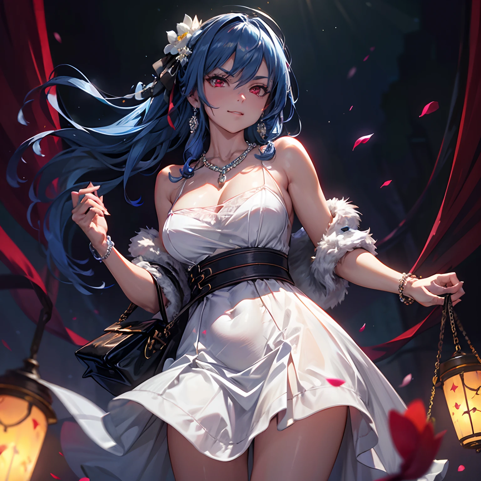 (solo), happiness, Ultra-detailed, Photorealistic, vibrant colors, snowfield, snow, (lonesome cold (winter night) background), darkness, pine forest, silk curtains, falling petals, arrogant 1woman queen, very mean, evil, (wicked smirk), cleavage, skinny, thin, young, dress, ribbon, handbag, purse, blue hair, luxurious jewelries, expensive necklaces, pearls, pendants, bracelets, earrings, (crown), (red glowing eyes), (looking down at viewer), hair ribbon, hair flower, (from below), (depth of field), cinematic lighting, close-up, masterpiece, (anatomically correct)