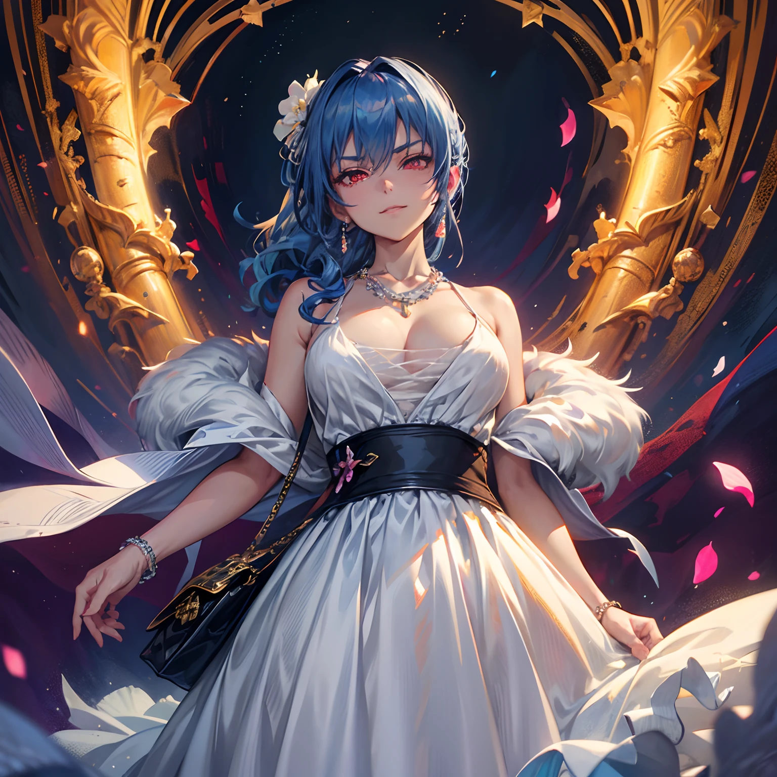 (solo), happiness, Ultra-detailed, Photorealistic, vibrant colors, snowfield, snow, (lonesome cold (winter night) background), darkness, pine forest, silk curtains, falling petals, arrogant 1woman queen, very mean, evil, (wicked smirk), cleavage, skinny, thin, young, dress, ribbon, handbag, purse, blue hair, luxurious jewelries, expensive necklaces, pearls, pendants, bracelets, earrings, (crown), (red glowing eyes), (looking down at viewer), hair ribbon, hair flower, (from below), (depth of field), cinematic lighting, close-up, masterpiece, (anatomically correct)