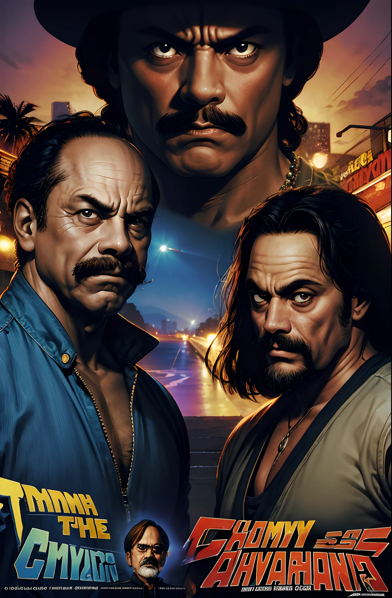 Cheech Marin vs. Tommy Chong movie poster in the art style of Shinkiro.