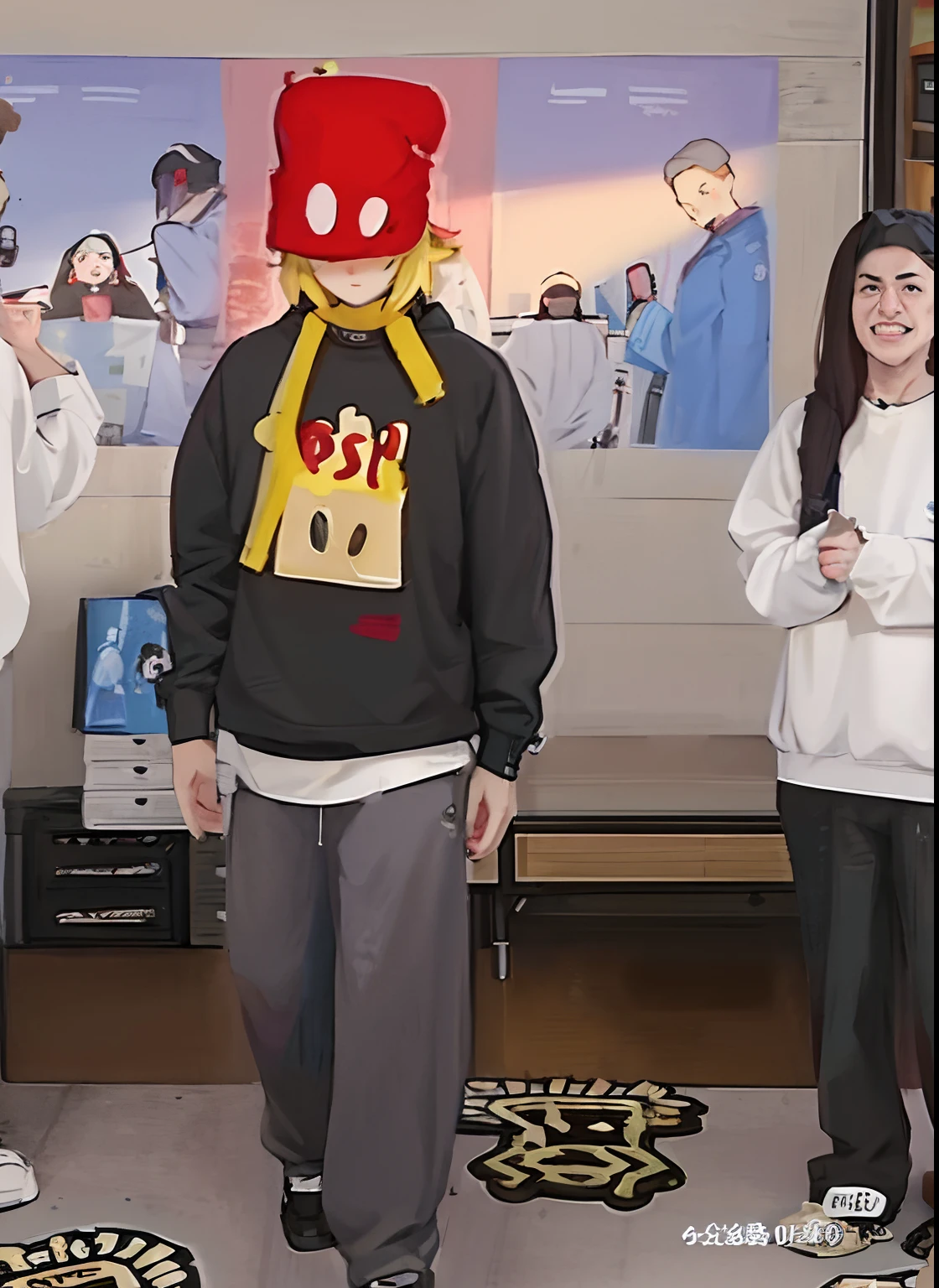 ((Masterpiece)),((Best quality)),((High detail)),A cute boy，juvenile sense，Q version，With a small red bag on his head，A bag with two white eyes, Covers half of the face，Wearing a black sweatshirt，The sweatshirt is printed with fries and the word DSP printed on it，Gray sweatpants，Black cave shoes，He stood in the room，it's lovely，On the walls are a lot of posters of costume models，Warm light and shadow