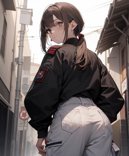 (Pieza Masuter:1.3)、(en 8K、highest qualityr: 1.4、obra maestra、 The Ultra-High Definition、 Maximum resolution,、ighly detallado、 Pro Lighting、 Grey light illumination、Low angle from below、Alineado con antiguas casas japonesas、Back alley、sentado en、Mujeres hermosas, a small face、piel blanca、17 year old、sonrisa brillante、(Un cabello oscuro、poneyTail)、(Moda callejera、Camiseta sin mangas ajustada、Pantalones cargo militares)、piernas delgadas y largas、Beautiful hip line、Hermosa columna vertebral、constricted back、cintura tonificada、revuelto、brown eyes,mejillas en la cara un poco rojas, hermoso pecho、El pecho es una copa A、