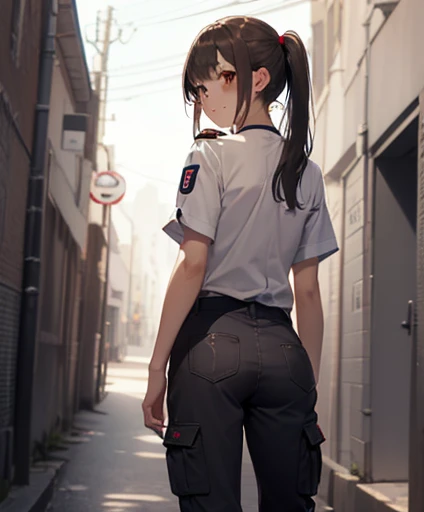 (Pieza Masuter:1.3)、(en 8K、highest qualityr: 1.4、obra maestra、 The Ultra-High Definition、 Maximum resolution,、ighly detallado、 Pro Lighting、 Grey light illumination、Low angle from below、Alineado con antiguas casas japonesas、Back alley、sentado en、Mujeres hermosas, a small face、piel blanca、17 year old、sonrisa brillante、(Un cabello oscuro、poneyTail)、(Moda callejera、Camiseta sin mangas ajustada、Pantalones cargo militares)、piernas delgadas y largas、Beautiful hip line、Hermosa columna vertebral、constricted back、cintura tonificada、revuelto、brown eyes,mejillas en la cara un poco rojas, hermoso pecho、El pecho es una copa A、