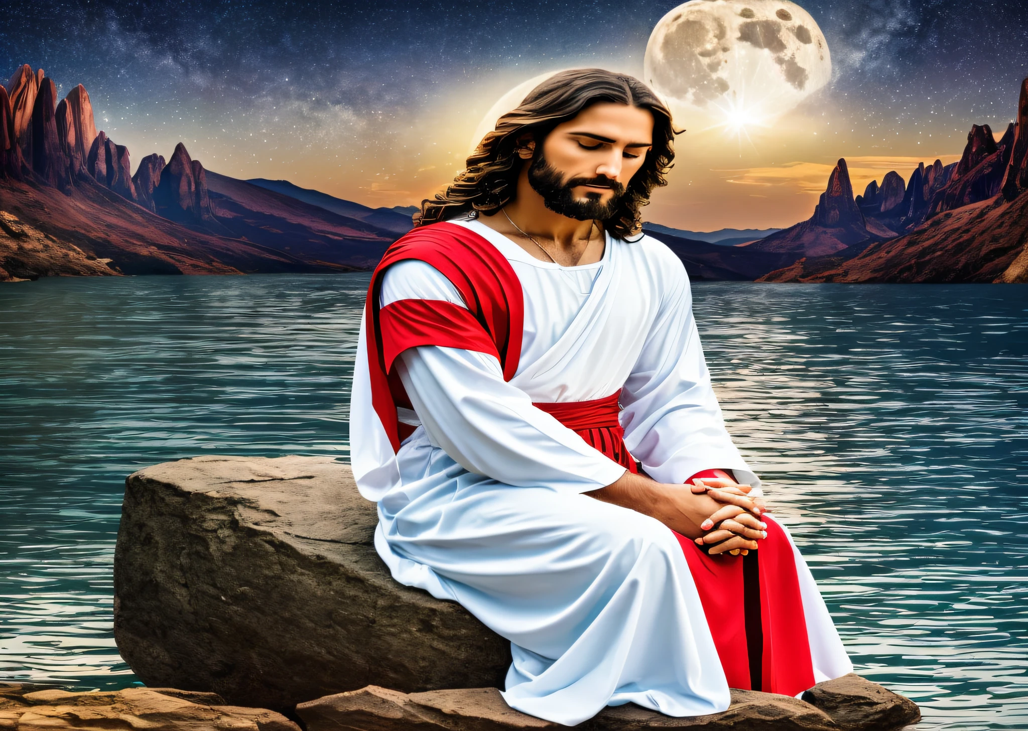Jesus Christ hands in a prayer position with a white and red outfit sitting on a rock at the edge of a lake looking from dreams looking at the sky at night, a full moon with the starry sky in beautiful logo reflecting the moonlight