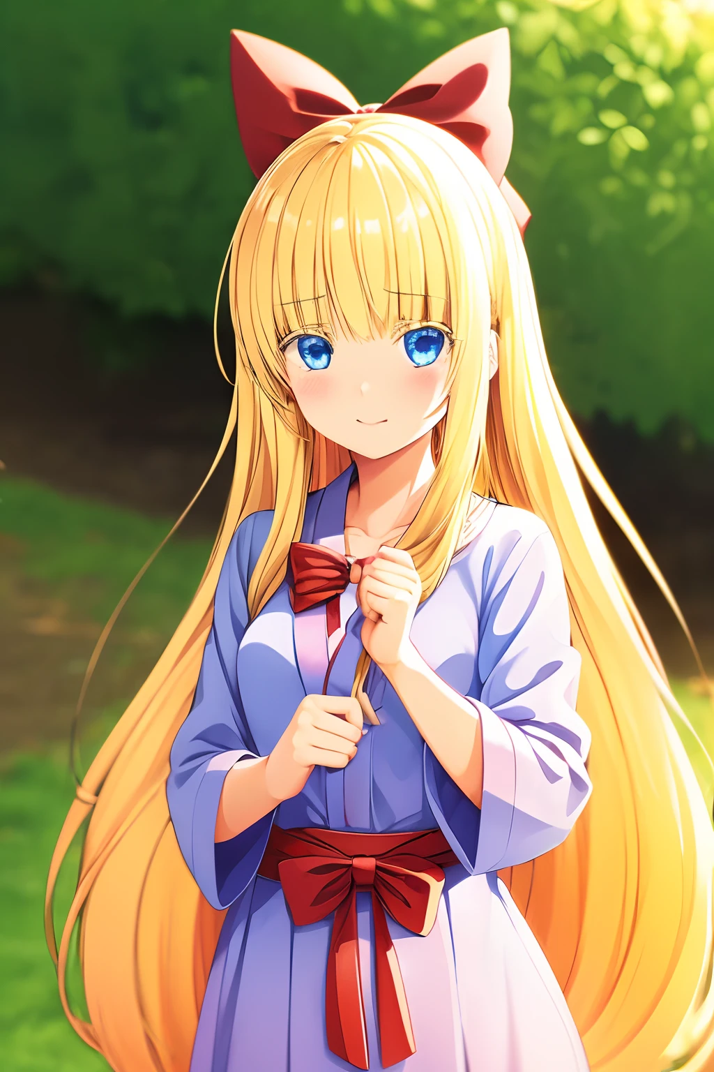 (((Cute blonde woman, long hair with red bow, Blue eyes))), cute pink yukata, Geta, 8k, very detailed, heart earring, cute pose