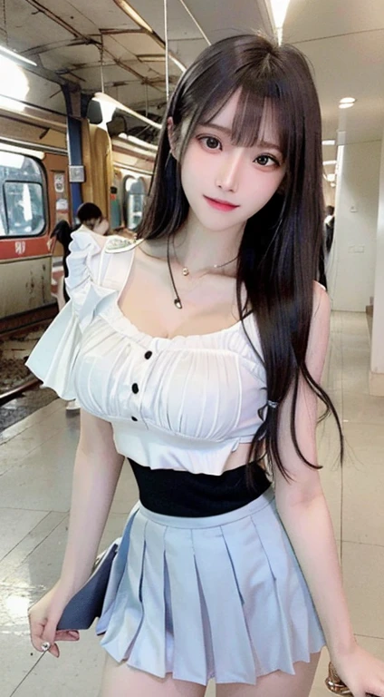 bright expression、photorealisim、top-quality、超A high resolution、a picture、Photos of the most beautiful Nordic girls、Detailed cute and beautiful face、a small face、(pureerosface_v1:0.008)、Beautiful bangs、alice in the wonderland、、(thighs thighs thighs thighs:1.2)、full body Esbian、profetional lighting、Detailed skin、hime_cut、Hair tangled in the face、Bangs that extend to the face、bangss、Hair between the eyes、length hair、Silky hair of attractive black color、finer hair、 clear light blue eyes、(Shy laughter:0.6)、(Summer School Uniforms:1.2)、(Pleated skirt:1.2)、natural make up、Take the train、Double eyelids、medium breasts、Dynamic Pose