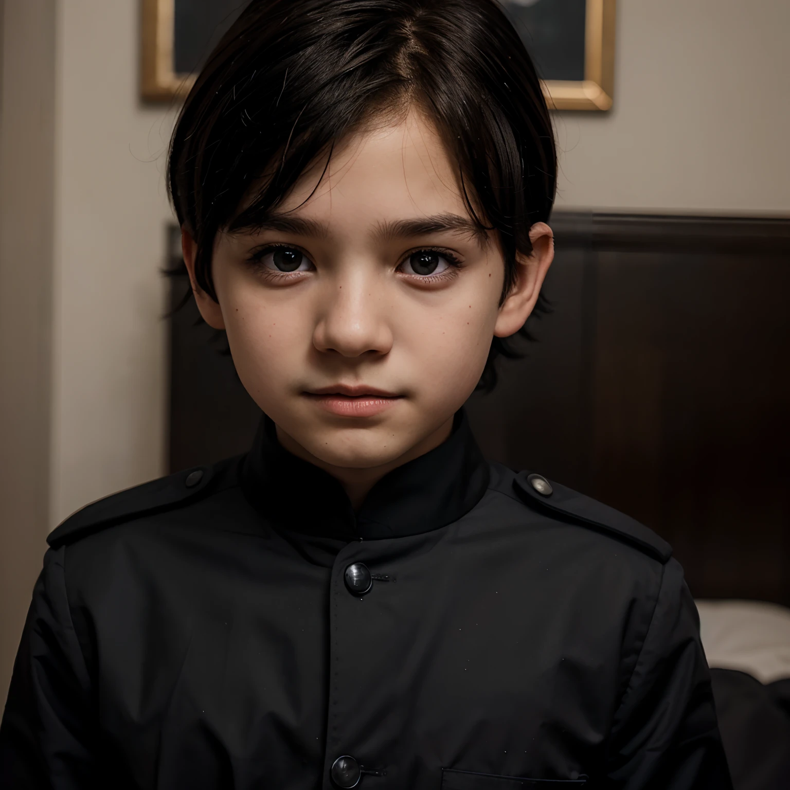 A boy around 4-5 in a lamanburg uniform with messy black hair