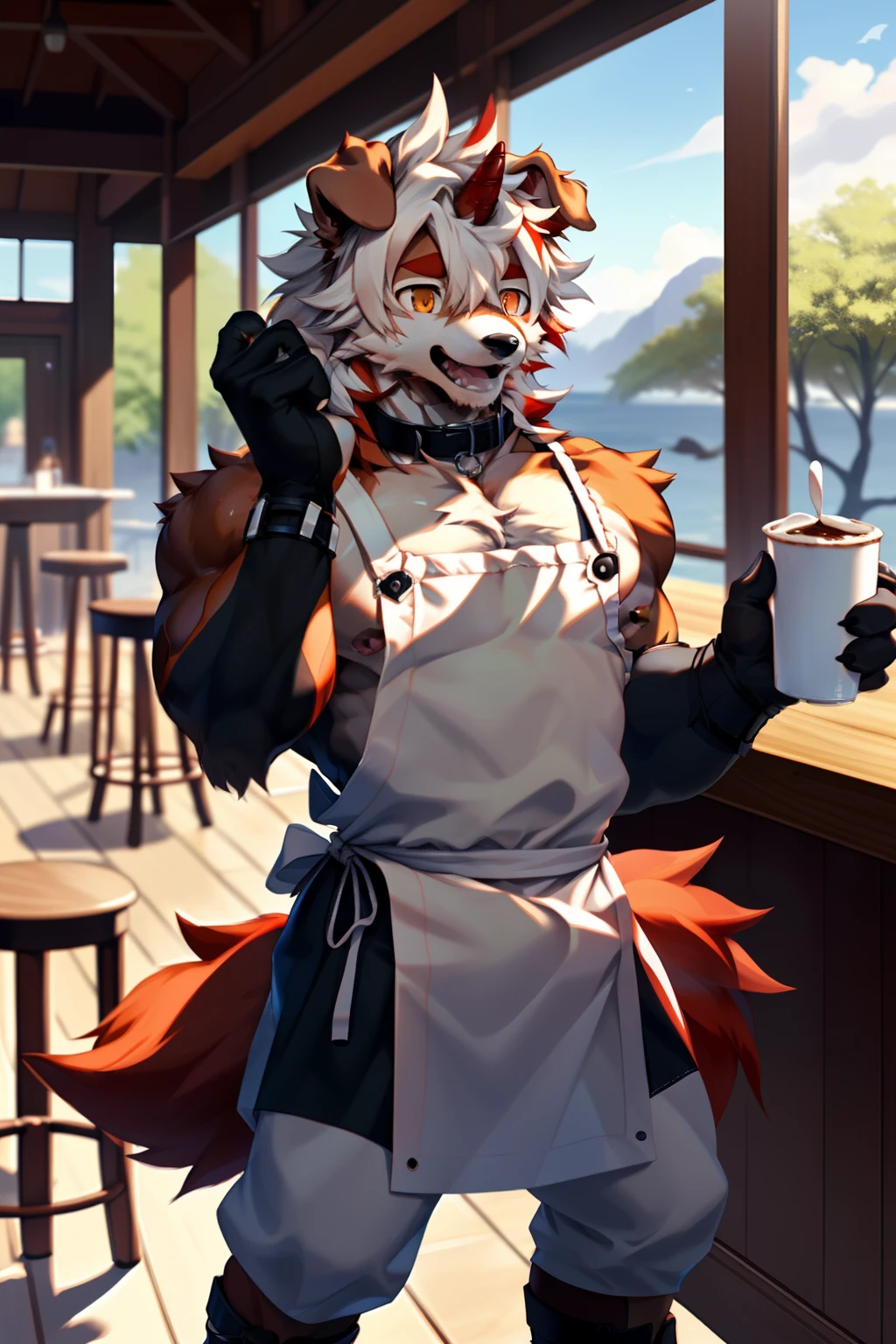 (masterpiece), highest quality, Perfect Face, Furry, Black cat, male, Blushed, Rubber suit, Null bulge, Food and drink provided, Cafe, Round 1, ribbon, gag, Transparent Vinyl Apron, restaurant