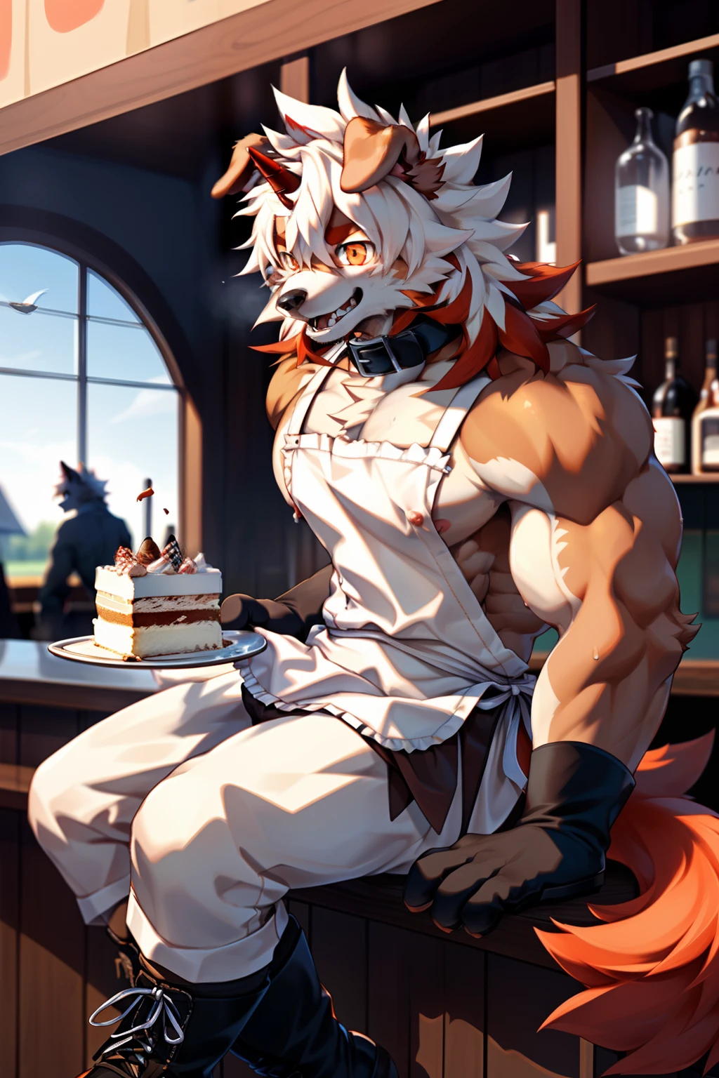 (by Hioshiru, by null-ghost, By personalami, by Honovy, by thebigslick, author:Feinhertz), Male, Solo, domestic dog,Doggy, Red horns, floppy ears, clawed paws, view the viewer,In the café,waitor,Sexy,The upper part of the body,lowerbody,(Sweat:1.9),gasps,upper legs,small thighs,〈Have a strong figure〉,opens his eyes wide,A collar is worn around his neck,Dog leash,Be red in the face,Desire for dissatisfaction,the shy,gentle,Temptation of the,gasps,Eyes are focused,Keep your eyes open,Heads-up,Tall and strong,Fluffy tail,Orange tail,Masterpiece, Best quality, offcial art, Extremely detailed Cg Unity 8K wallpaper, Ultra-detailed, Best Illustration, Best shadow, Perfect lighting, bellow (/arknight/), White fur, Furry male, Dog boy, Furry, Two-tone fur, 1boys, multicolored hair, Male focus, Horns, Striped hair, Dog ears, Animal ears, single horn, Brown fur, bangs, Orange hair, White hair, Medium hair, Orange eyes, Black pupils,Solo,Muscle men,Sit Pose,The erection,nipple bump,full bodyesbian,the maid outfit,Hair is supple,Holding a silver tray in his hand,aprons,ssmile,Sunny and cheerful,Bar,Small cake,Boots,Bow knot,Both eyes are the same size,Black gloves,enthusiastic,sideface,Lateral face,Turning Head,winking,naughty big breasts,Pour coffee
