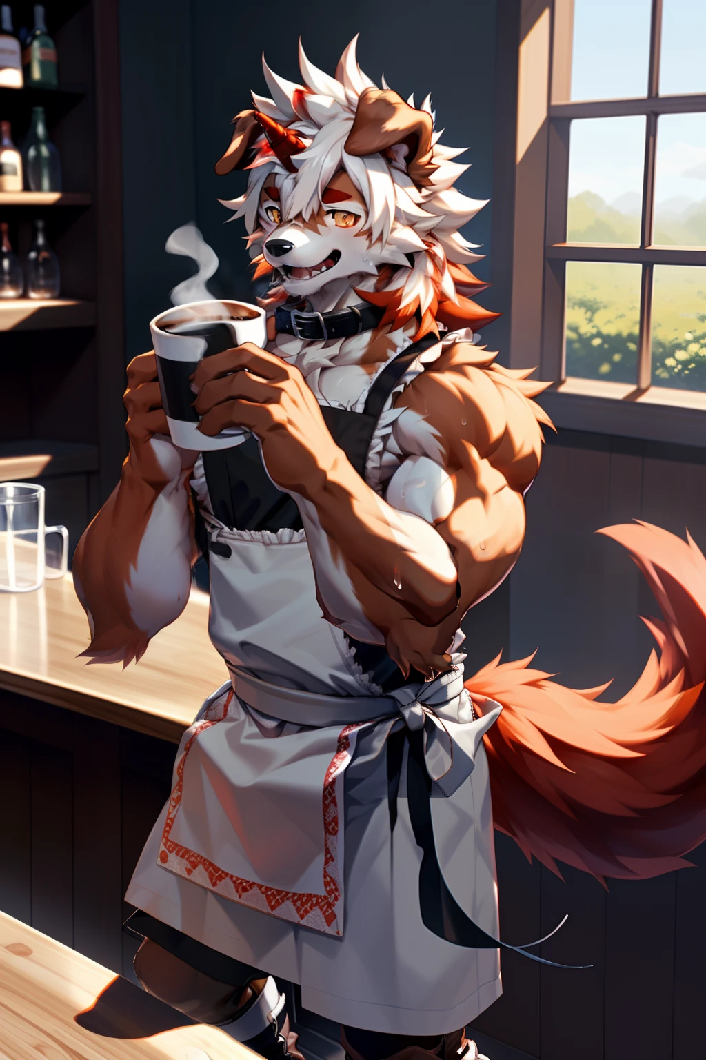 (by Hioshiru, by null-ghost, By personalami, by Honovy, by thebigslick, author：Feinhertz), Male, Solo, domestic dog，Doggy, Red horns, floppy ears, clawed paws, view the viewer，In the café，waitor，Sexy，The upper part of the body，lowerbody，（Sweat：1.9），gasps，upper legs，small thighs，〈Have a strong figure〉，opens his eyes wide，A collar is worn around his neck，Dog leash，Be red in the face，Desire for dissatisfaction，the shy，gentle，Temptation of the，gasps，Eyes are focused，Keep your eyes open，Heads-up，Tall and strong，Fluffy tail，Orange tail，Masterpiece, Best quality, offcial art, Extremely detailed Cg Unity 8K wallpaper, Ultra-detailed, Best Illustration, Best shadow, Perfect lighting, bellow (/arknight/), White fur, Furry male, Dog boy, Furry, Two-tone fur, 1boys, multicolored hair, Male focus, Horns, Striped hair, Dog ears, Animal ears, single horn, Brown fur, bangs, Orange hair, White hair, Medium hair, Orange eyes, Black pupils，Solo,Muscle men，Stand up，The erection，nipple bump，full bodyesbian，the maid outfit，Hair is supple，Holding a silver tray in his hand，aprons，ssmile，Sunny and cheerful，Bar，Small cake，Boots，Bow knot，Both eyes are the same size，Black gloves，enthusiastic，sideface，Lateral face，Turning Head，winking，naughty big breasts，For coffee