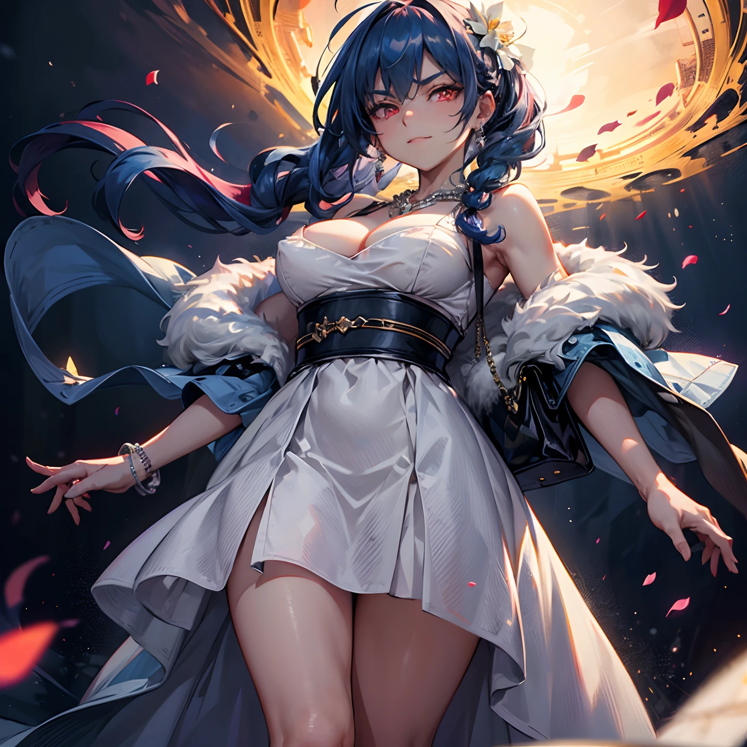 (solo), happiness, Ultra-detailed, Photorealistic, vibrant colors, snowfield, snow, (lonesome cold (winter night) background), darkness, pine forest, silk curtains, falling petals, arrogant 1woman queen mother, very mean, cruel, (wicked smirk), (cleavage), big ass, skinny, young, dress, ribbon, handbag, purse, blue hair, luxurious jewelries, expensive necklaces, pearls, pendants, bracelets, earrings, (crown), (red glowing eyes), (looking down at viewer), hair ribbon, hair flower, (from below), (depth of field), cinematic lighting, close-up, masterpiece, (anatomically correct)