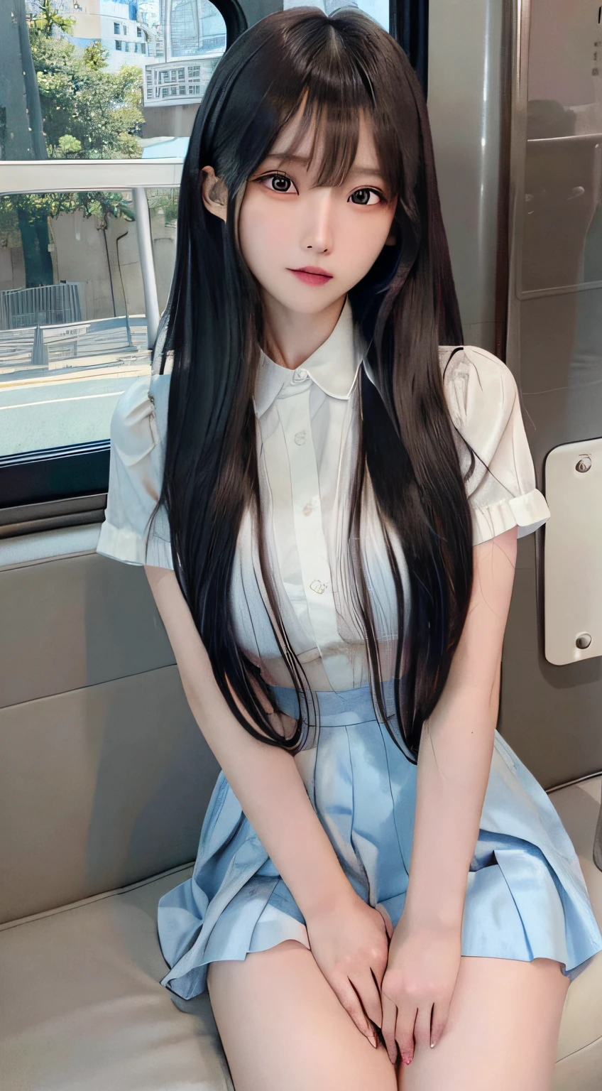 (8k, RAW photo, best quality, master:1.2), (realistic, photo-realistic:1.37), best quality, ultra high res, photon mapping, radiosity, physically-based rendering,bblurry, blurry_foreground, depth_of_field, blurry_background, 照片_ \(medium\), motion_blur,1girl, (全身), long legs, thin legs, Long hair, bairs,(see through bangs), hair_ornament, lips, hairclip, solo, blue_eyes, nosesoft,china,shirt,Gray Plaid百褶裙,不透明的衣服,俯瞰,黑色乐福鞋,大腿高筒,黑色棉袜,((户外)),