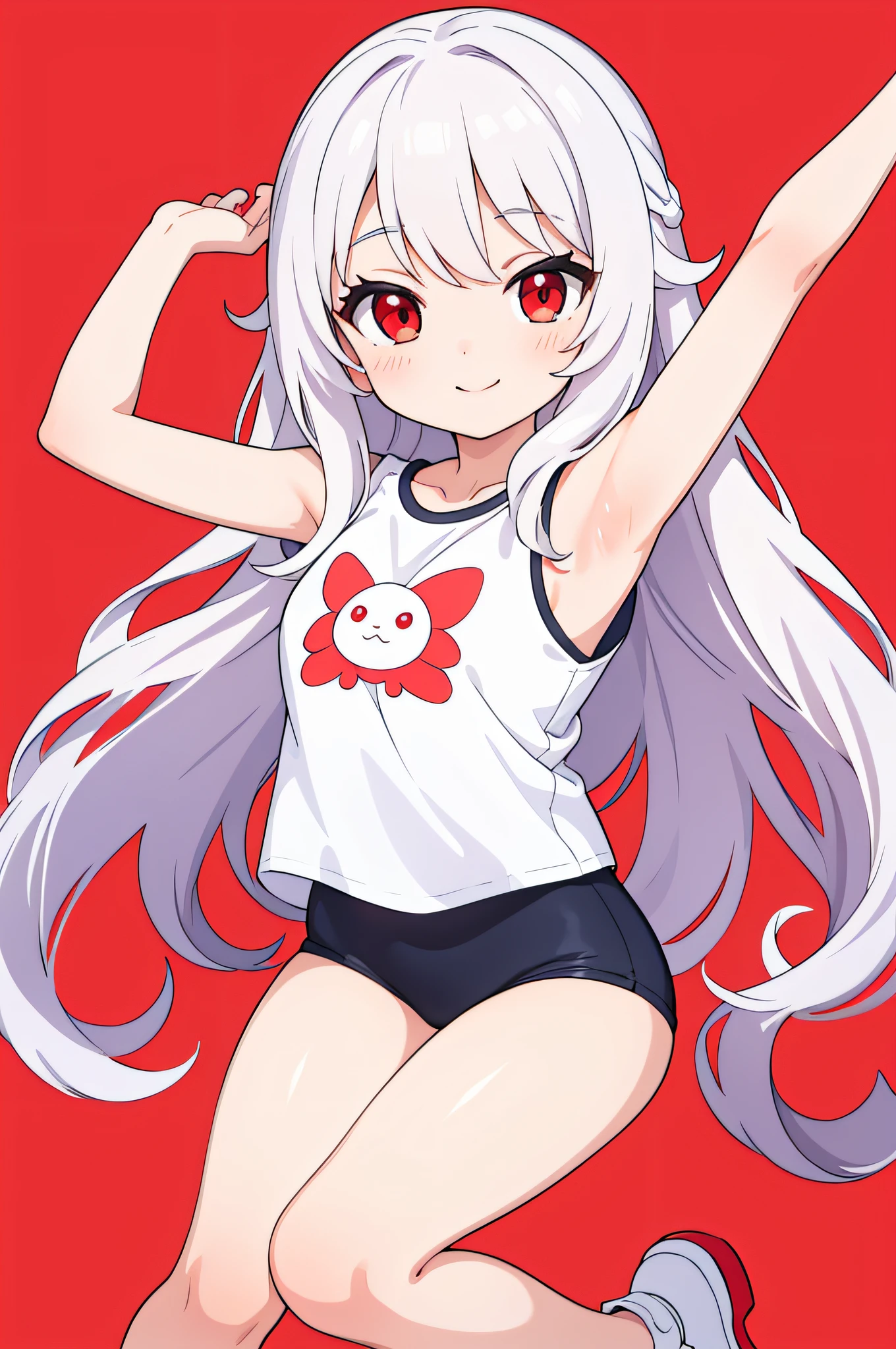 masterpiece, best quality, solo,
long hair, wavy hair, curly hair, white hair, red eyes, t-shirt, hairpin, light smile,
portrait, simple background, hugging own legs, show armpits