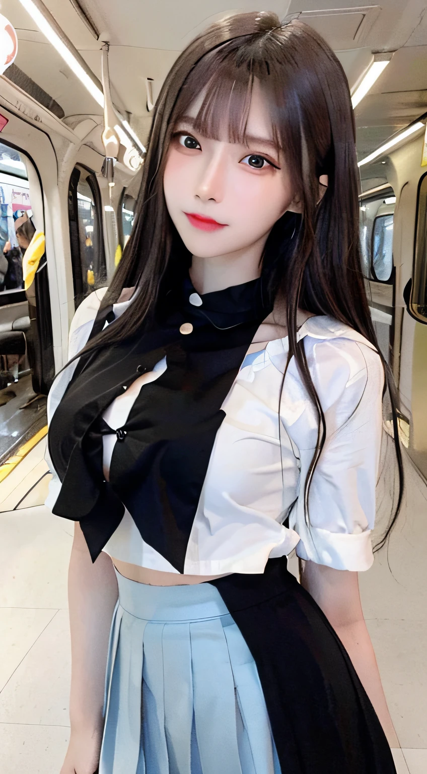 bright expression、photorealisim、top-quality、超A high resolution、a picture、Photos of the most beautiful Nordic girls、Detailed cute and beautiful face、a small face、(pureerosface_v1:0.008)、Beautiful bangs、alice in the wonderland、sixteen years old、(thighs thighs thighs thighs:1.2)、full body Esbian、profetional lighting、Detailed skin、hime_cut、Hair tangled in the face、Bangs that extend to the face、bangss、Hair between the eyes、length hair、Silky hair of attractive black color、finer hair、 clear light blue eyes、(Shy laughter:0.6)、(Summer School Uniforms:1.2)、(Pleated skirt:1.2)、natural make up、Take the train、Double eyelids、medium breasts、Dynamic Pose