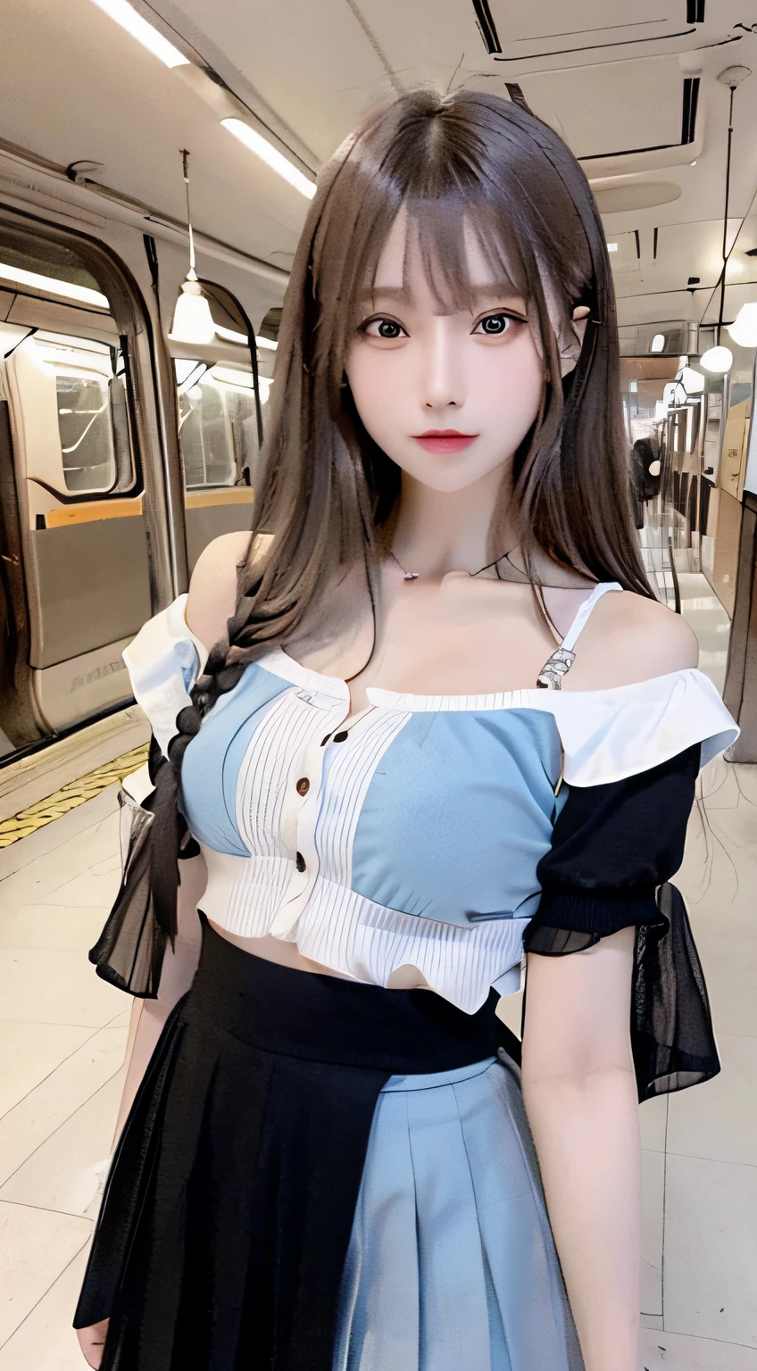 bright expression、photorealisim、top-quality、超A high resolution、a picture、Photos of the most beautiful Nordic girls、Detailed cute and beautiful face、a small face、(pureerosface_v1:0.008)、Beautiful bangs、alice in the wonderland、、(thighs thighs thighs thighs:1.2)、full body Esbian、profetional lighting、Detailed skin、hime_cut、Hair tangled in the face、Bangs that extend to the face、bangss、Hair between the eyes、length hair、Silky hair of attractive black color、finer hair、 clear light blue eyes、(Shy laughter:0.6)、(Summer School Uniforms:1.2)、(Pleated skirt:1.2)、natural make up、Take the train、Double eyelids、medium breasts、Dynamic Pose