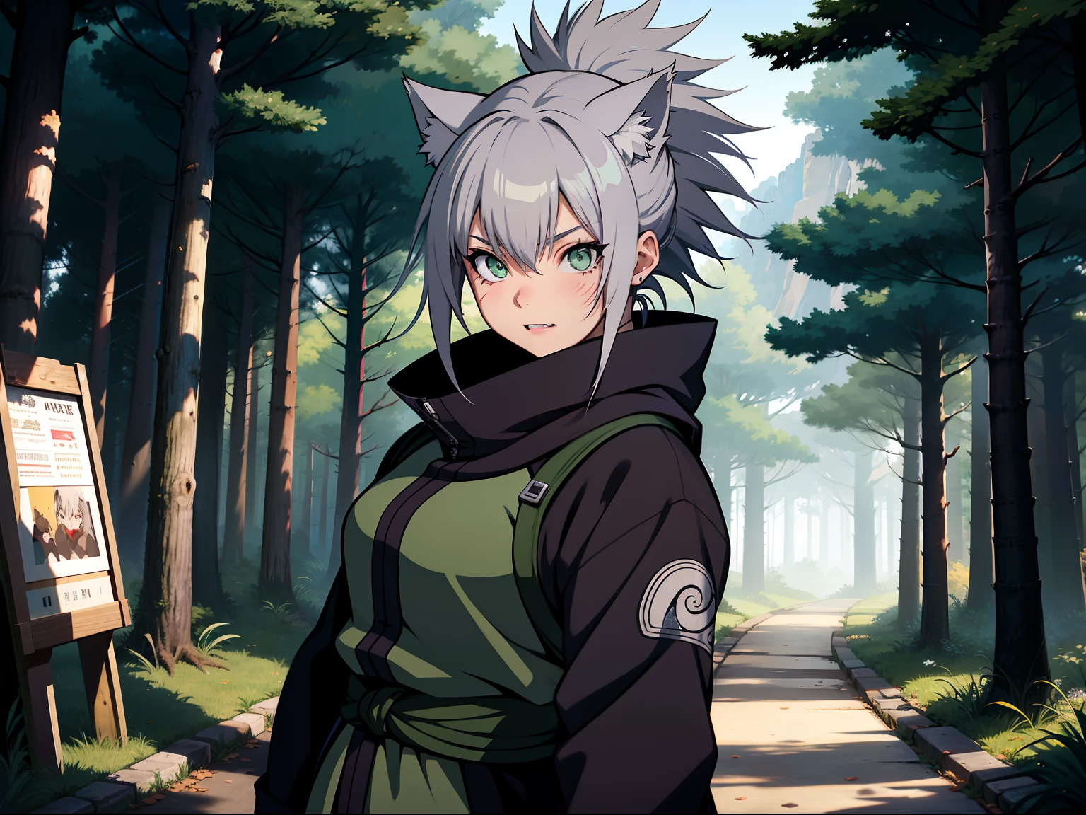 SFW, ultra 4k hd, absurdres, anime, naruto (anime), naruto (art style), white hair, lavender hair, gray hair, silver hair, neko, green eyes, ninja, short hair, chubby, medium breasts, messy hair, gray hair, cat ears, catgirl, nekomimi, cat tail, forehead protector, kunoichi, hair between eyes, silver hair, anime style, fullbody, eye scar, fangs, 1girl, naruto shippuden, solo, baggy clothes, alone, forest, village, 1fang, cloak, fishnets, v bangs, bangs, fluffy, dark clothes, purple clothes, clothing design, ninja fashion, light eyes, scar over eye, light green eyes, scars, hood, hood down, hood off, ((best quality:1), (masterpiece:1), (ultra-detailed:1):1.3), cinematic lighting, detailed background, detailed, absurd detail, ahoge, half updo, ponytail, chubby cheeks