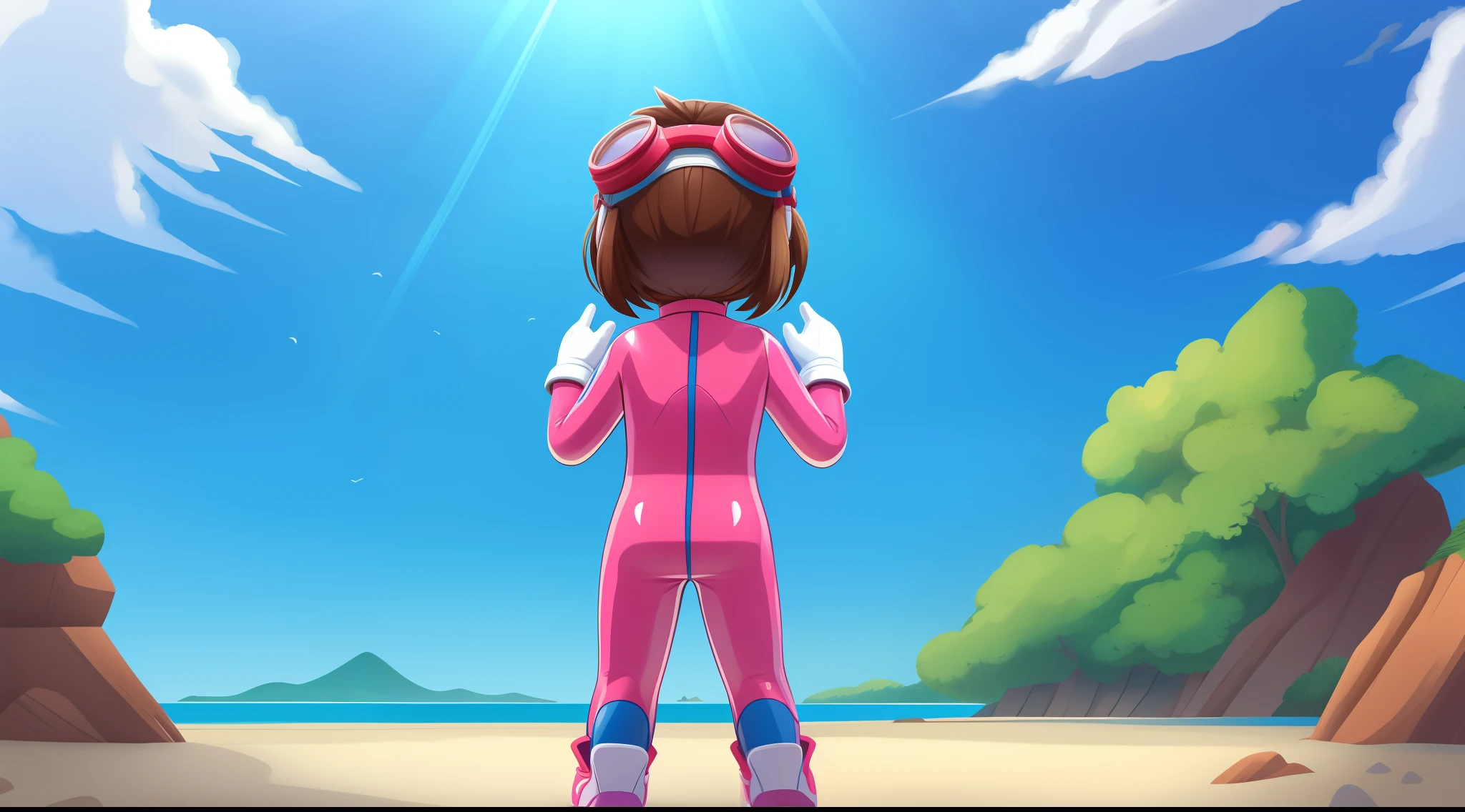 rear image, a single 5 year old girl on her back looking at an island on the horizon, alone, standing, with brown hair, arms apart, legs apart, pink wetsuit, white gloves, pink shoes, goggles, diving shoes, body Entire, 2D style children's illustration.