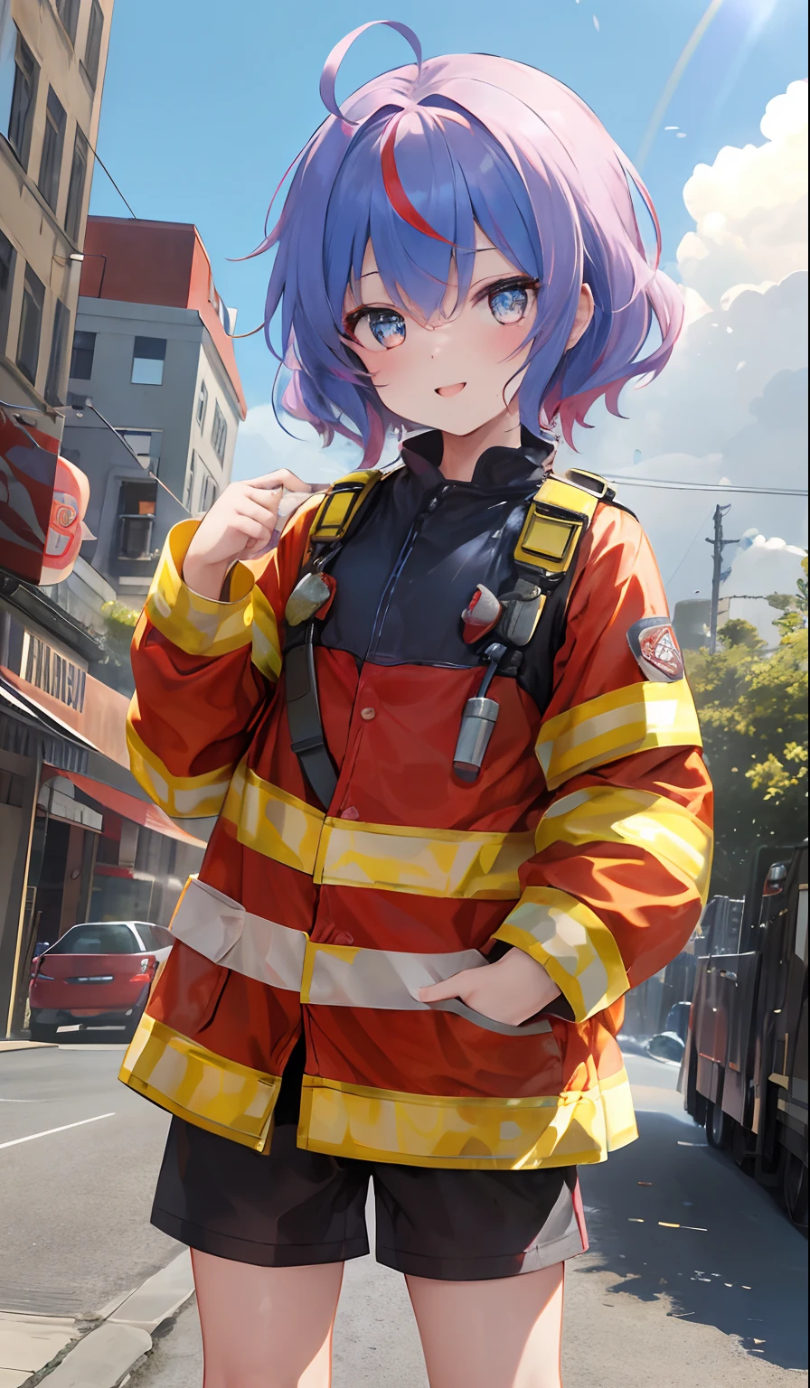 firefighter, Realistic, 4K picture quality, {Firefighting},{ female child},{smaly and chest,,}, rainbow-colored hair,Desperate Girl, Charismatic,