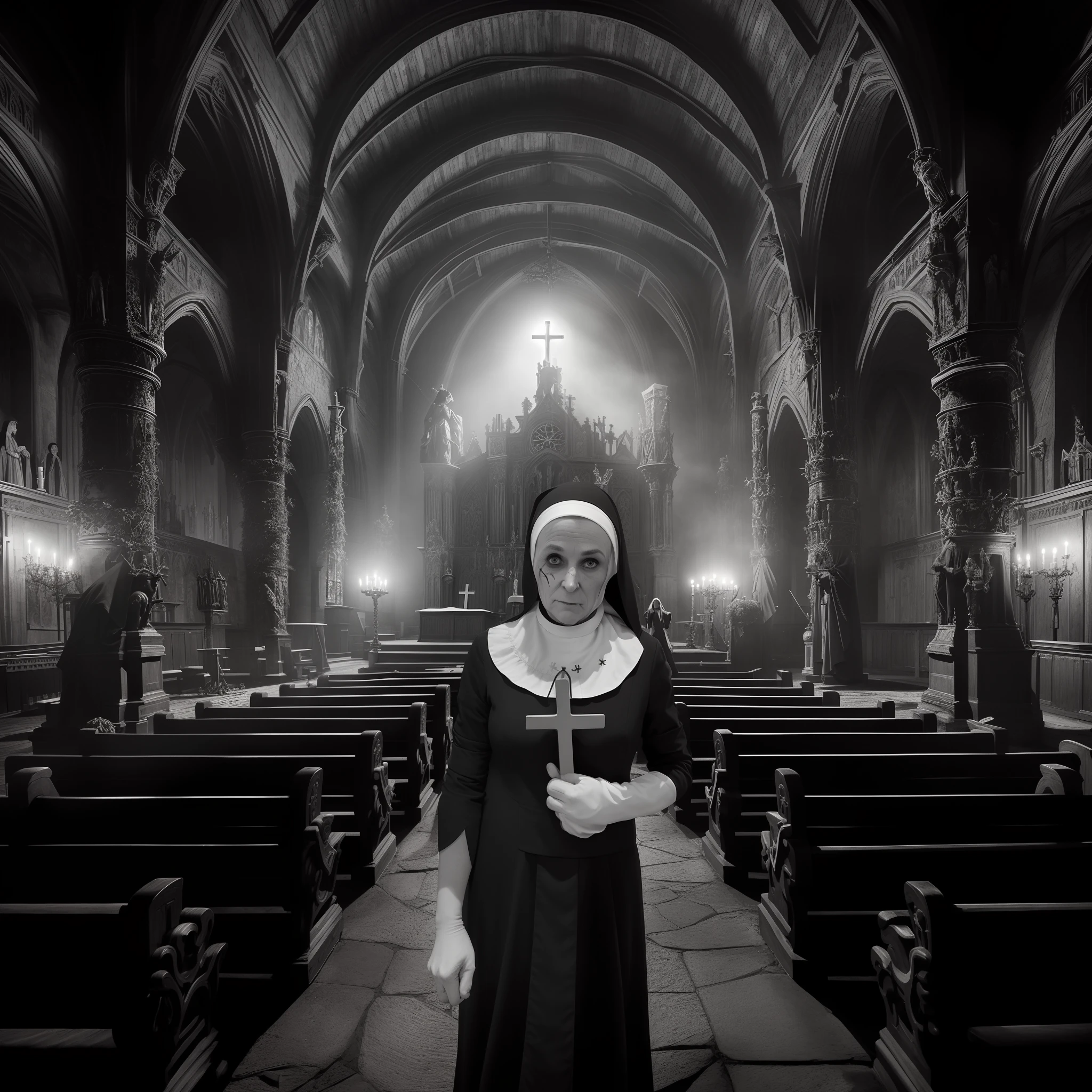 Bild einer Nonne, die mit einem Kreuz in einer Kirche steht, an evil nun, vampire nun, inspiriert von Laurie Lipton, single scary female vampire nun, nun fashion model, Hinter ihr eine gotische Kathedrale, Majestic Holy Woman, nun, Nonne Modemodell schaut nach oben, Stehen in einer Kirche, inspiriert von Geertgen tot Sint Jans