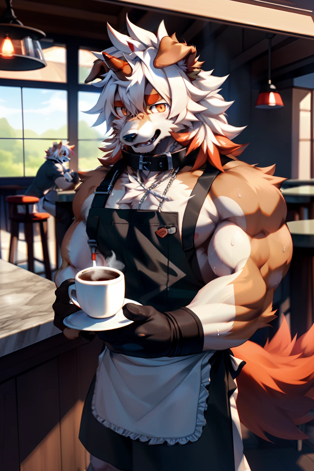 (by Hioshiru, by null-ghost, By personalami, by Honovy, by thebigslick, author:Feinhertz), Male, Solo, domestic dog,Doggy, Red horns, floppy ears, clawed paws, view the viewer,In the café,waitor,Sexy,The upper part of the body,lowerbody,(Sweat:1.9),gasps,upper legs,small thighs,〈Have a strong figure〉,opens his eyes wide,A collar is worn around his neck,Dog leash,Be red in the face,Desire for dissatisfaction,the shy,gentle,Temptation of the,gasps,Eyes are focused,Keep your eyes open,Heads-up,Tall and strong,Fluffy tail,Orange tail,Masterpiece, Best quality, offcial art, Extremely detailed Cg Unity 8K wallpaper, Ultra-detailed, Best Illustration, Best shadow, Perfect lighting, bellow (/arknight/), White fur, Furry male, Dog boy, Furry, Two-tone fur, 1boys, multicolored hair, Male focus, Horns, Striped hair, Dog ears, Animal ears, single horn, Brown fur, bangs, Orange hair, White hair, Medium hair, Orange eyes, Black pupils,Solo,Muscle men,Stand up,The erection,nipple bump,full bodyesbian,the maid outfit,Hair is supple,Holding a silver tray in his hand,aprons,ssmile,Sunny and cheerful,Bar,Small cake,Boots,Bow knot,Both eyes are the same size,Black gloves,enthusiastic,sideface,Lateral face,Turning Head,winking,naughty big breasts,drinking a coffee