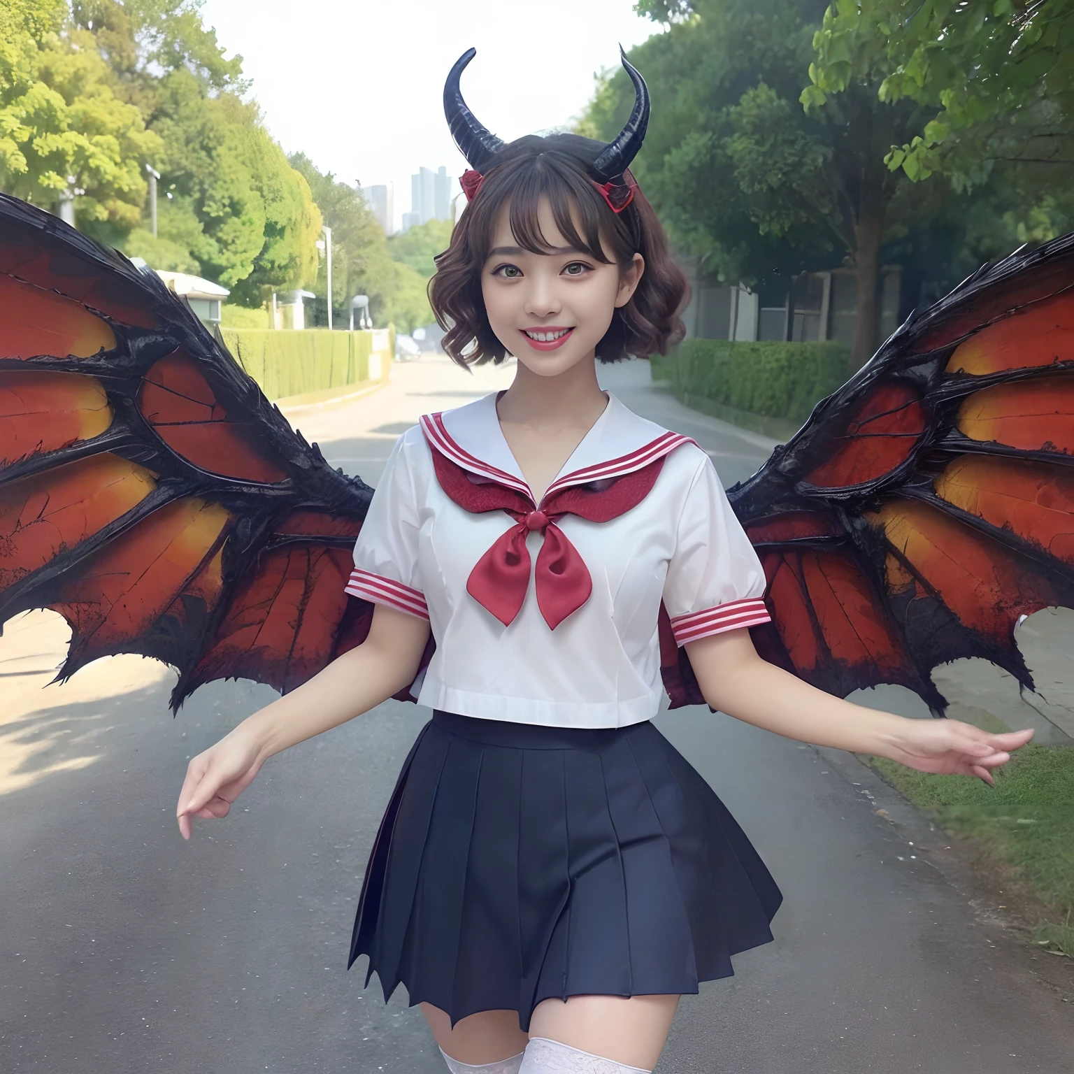(((masutepiece、top-quality)))((1 girl、Wearing a sailor suit、School Sailor Uniform、Perfect sailor suit、Red ribbons、Navy skirt))、((Huge and intricate demon wings,Wings with a very elaborate texture,Wings with a very complex texture,Creature wings with a very realistic texture,Wings with the most elaborate textures、Perfectly reproduced spooky wing textures、Very flaky and detailed wing textures、Wings of a terrifying monster,Terrible and ugly wings、The most terrifying wings、Big Devil's Horn,Realistic and big horns,Very complex and horrible devil horns、Creepy horns,Horn with a very elaborate texture、Terrible and ugly horns、((The background is the route to school、Walking along the school route surrounded by nature、Walking on the way to school))、8K,An ultra-high picture quality,The most beautiful idol faces,Mature Face、The biggest smile staring at the camera、美丽的面容、Beautiful teeth、natural make up、Natural bright lighting、short-hair、waved hair、Classy wavy hair