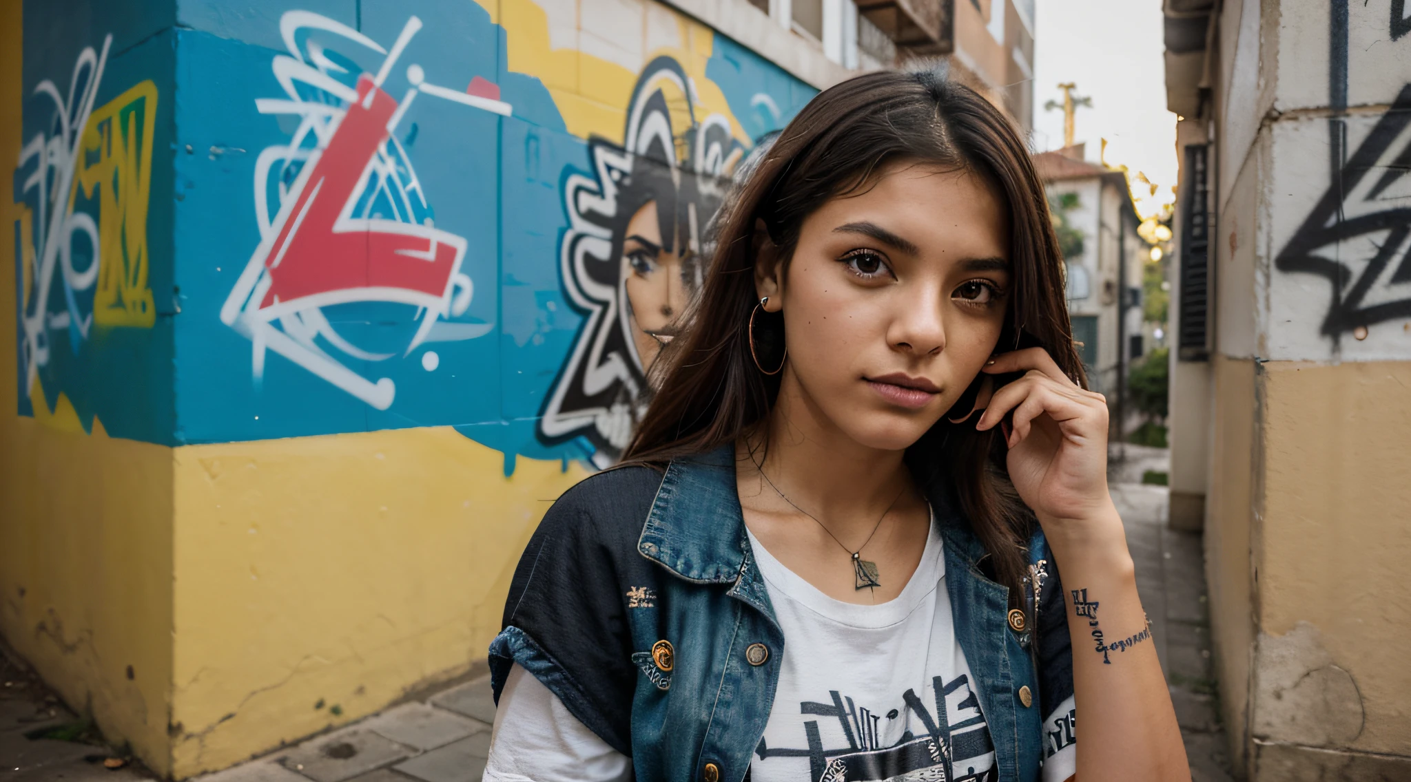 Generate the image of a Brazilian student in a university environment. She stands tall, delgado, e tem cabelos loiros curtos. Her eyes are light brown and express determination. Ela usa uma camiseta colorida e abstrata que combina com sua personalidade vibrante e carrega uma mochila colorida com detalhes no estilo punk nas costas. She has a visible tattoo, Adding an artistic and rebellious touch to your look. Ela usa um fone de ouvido moderno, e na paisagem circundante, There are graffiti and urban paintings, Creating a Creative and Eclectic Atmosphere on the University Campus