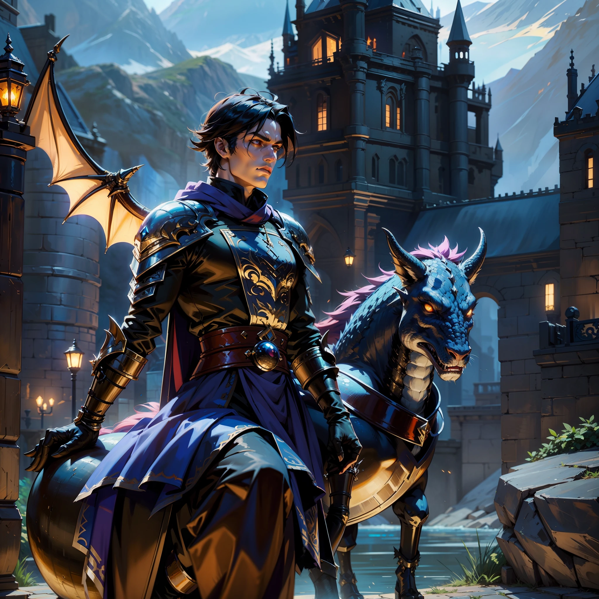 personnage d’anime avec dragon et épée devant un château, Style d’art numérique Epic Fantasy, Art de style fantastique épique, Art fantastique numérique 2D détaillé, Style d’art fantastique épique, Art de style dark fantasy, Seigneur de Cinder, Epic Fantasy Art Style HD, 2. 5 d CGI Anime Fantasy Artwork, Beau mec dans l’art de Demon Slayer, darksiders art style, Chevalier Dragon hokuto no ken