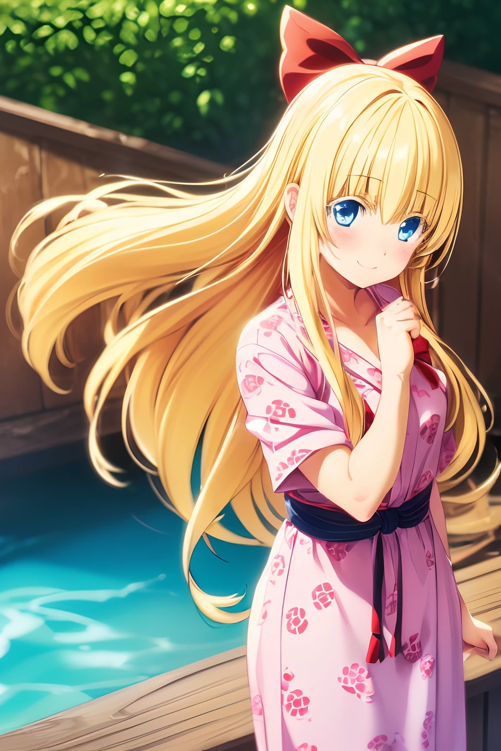 (((Cute blonde woman, long hair with red bow, Blue eyes))), cute pink yukata, Geta, 8k, very detailed, heart earring, cute heart pose