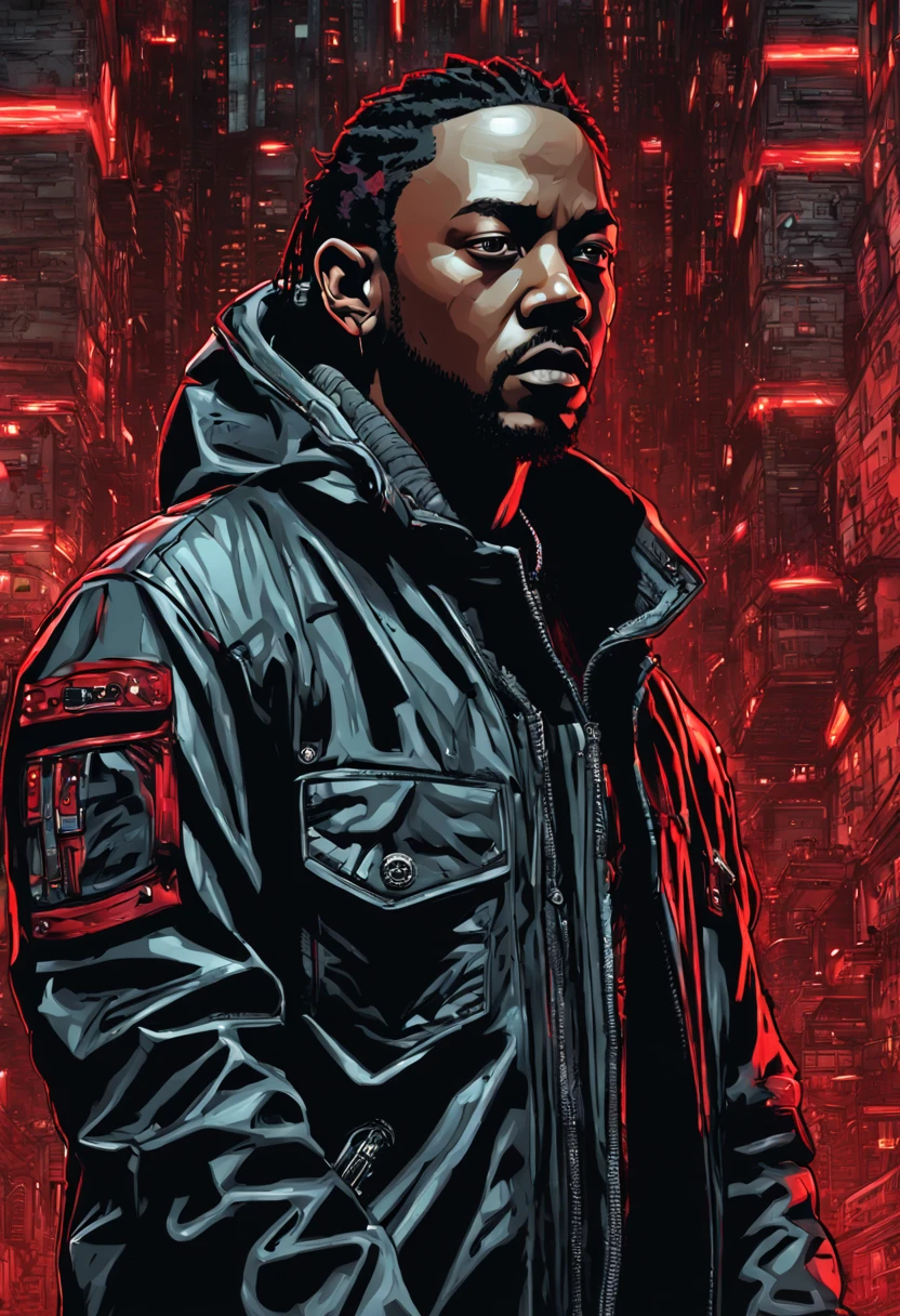 Cyberpunk Kendrick Lamar, comic book style, black and red, Highly Detailed, Intricate, realistic, hyper realism, Ultra HD, High Definition, immaculate design, crazy detailed, UHD, High Quality, 8K, 4K,