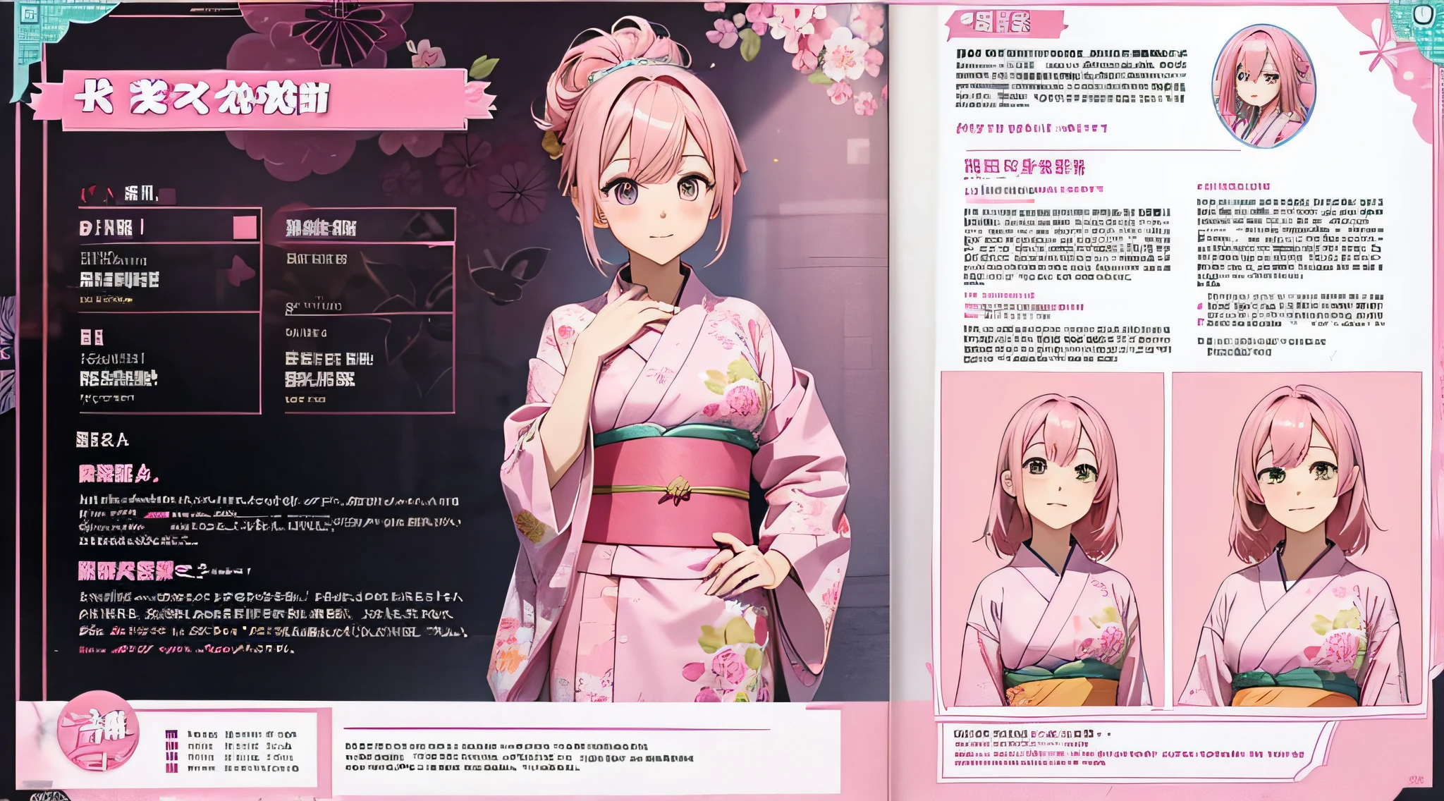 anime girl with pink hair in a pink kimono, character diagram, character items, character sheet