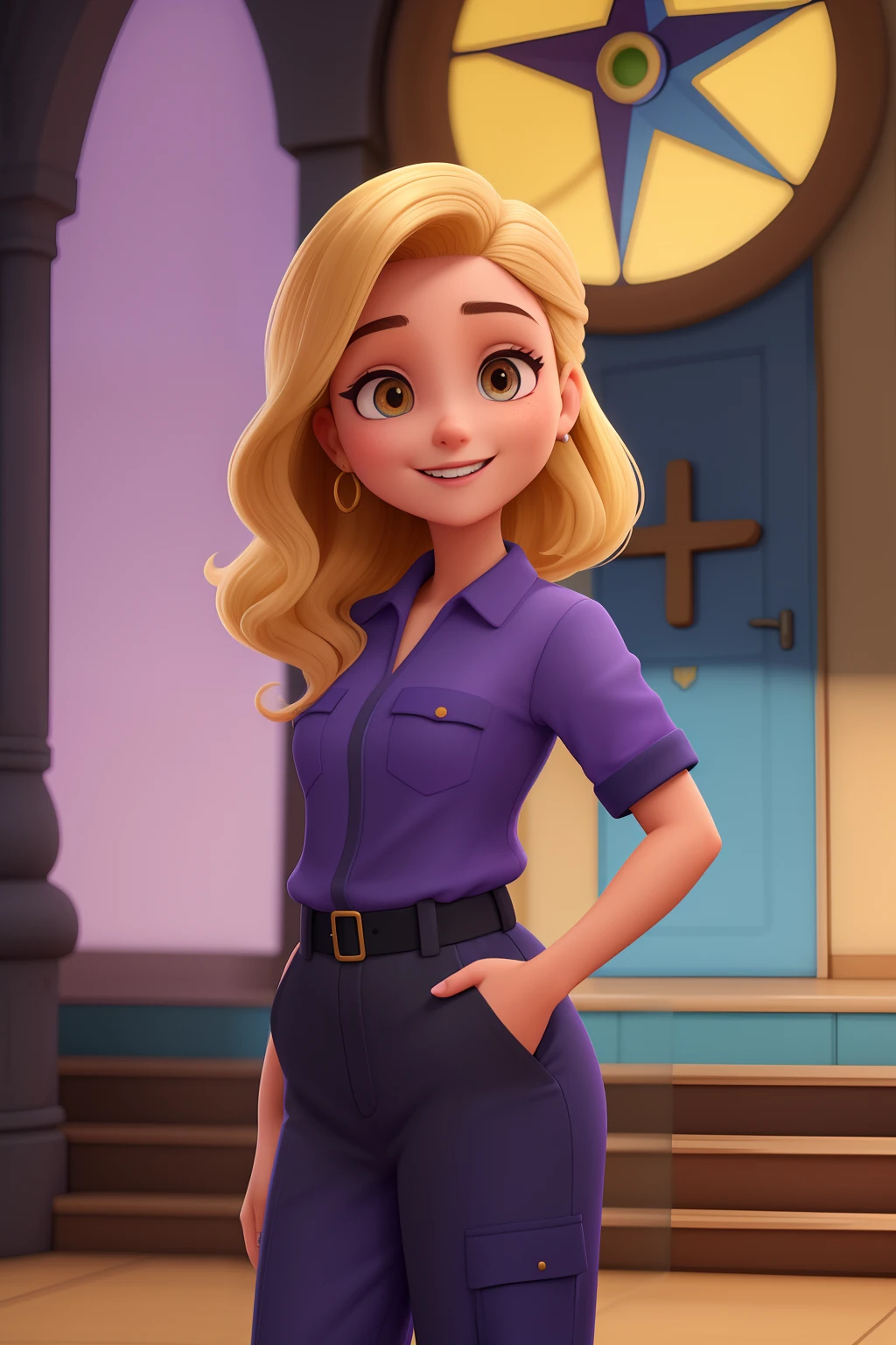 Uma mulher branca 26 anos, com cabelos loiro claro, rosto fino, com sorriso encantador, segurando um microfone, na igreja, Wearing purple jumpsuit with yellow and blue pant pockets and long black mage shirt , Teaching Children and Brown Eyes, Estilo Disney Pixar, com cores brilhantes