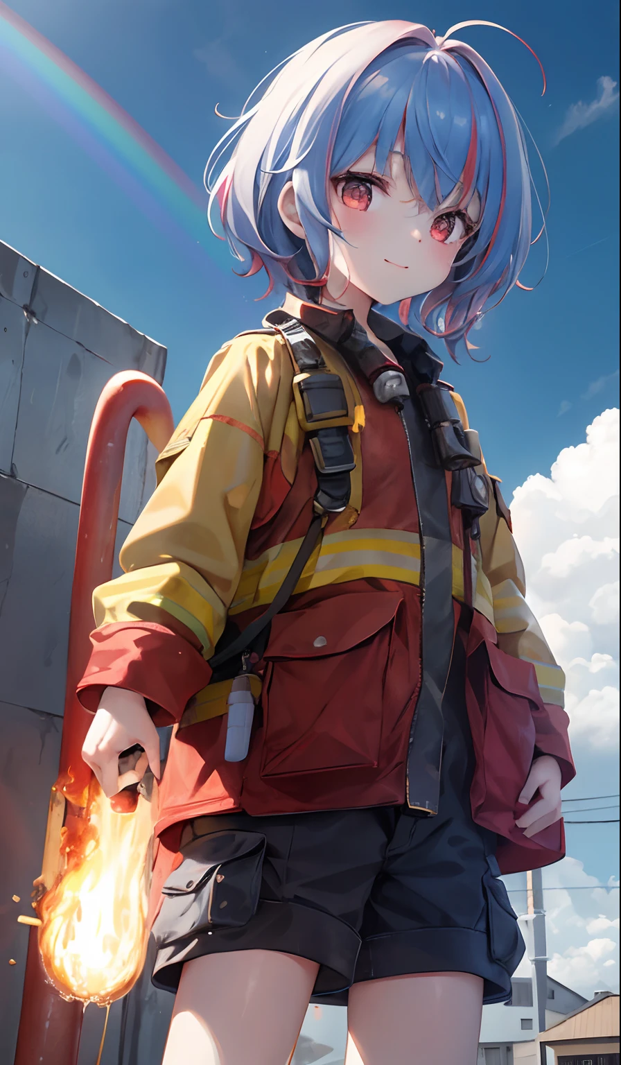 solo, 1girl, smile, standing, dynamic pose, 8k, masterpiece, best quality, absurdres, perfect anatomy, cinematic lighting, cowboy shot, (firefighter uniform:1.1), pants, <lora:otonashiKotoriIdolm_v10:1>, Otonashi Kotori, short hair,