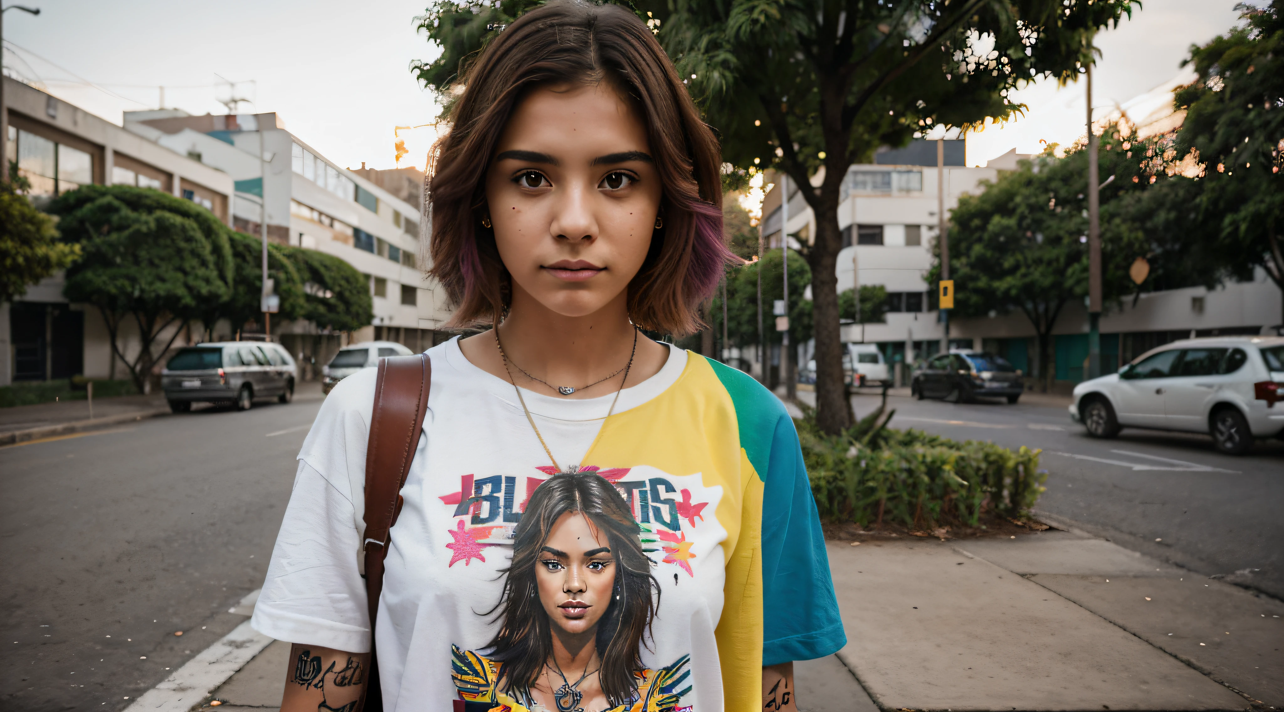 Generate the image of a Brazilian student in a university environment. She stands tall, delgado, e tem cabelos loiros curtos. Her eyes are light brown and express determination. Ela usa uma camiseta colorida e abstrata que combina com sua personalidade vibrante e carrega uma mochila colorida com detalhes no estilo punk nas costas. She has a visible tattoo, Adding an artistic and rebellious touch to your look. Ela usa um fone de ouvido moderno, e na paisagem circundante, There are graffiti and urban paintings, Creating a Creative and Eclectic Atmosphere on the University Campus