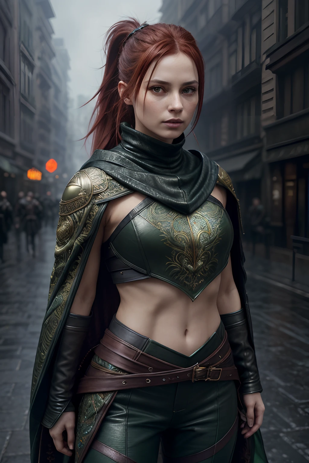 full body, hands over head, hands behind head, posing for camera, (rogue thief:1.2) female wearing full body multiple stitched layer (leather armor:1.2),
(dark green silk cloak), (fabric with intricate pattern:1.2), (insanely detailed, bloom:1.5), (highest quality, Alessandro Casagrande,
Greg Rutkowski, Sally Mann, concept art, 4k), (analog:1.2), (high sharpness), (detailed pupils:1.1), (painting:1.1), (digital
painting:1.1), detailed face and eyes, Masterpiece, best quality, (highly detailed photo:1.1), 8k, photorealistic, (long dark red
Hair, ponytail haircut, ecstatic:1.1), (young woman:1.1), By jeremy mann, by sandra chevrier, by maciej kuciara, sharp, (perfect
body:1.1), realistic, real shadow, 3d, (eastern fantasy city background:1.2), (by Michelangelo)