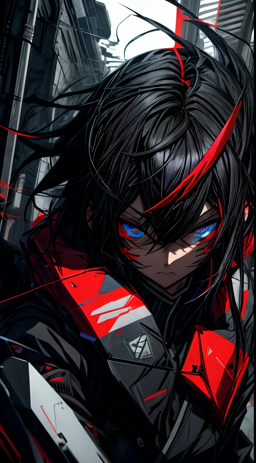 anime man with black hair and red and blue eyes eyes wearing a black jacket in a dark futuristic city, yandere grimdark, anime styled 3d, anime style. 8k, portrait yandere grimdark, anime vtuber full body model, trigger anime artstyle, fully red and blue eyes no pupils, anime man, yandere, anime style hyper detailed, cool pose, glitch face markings