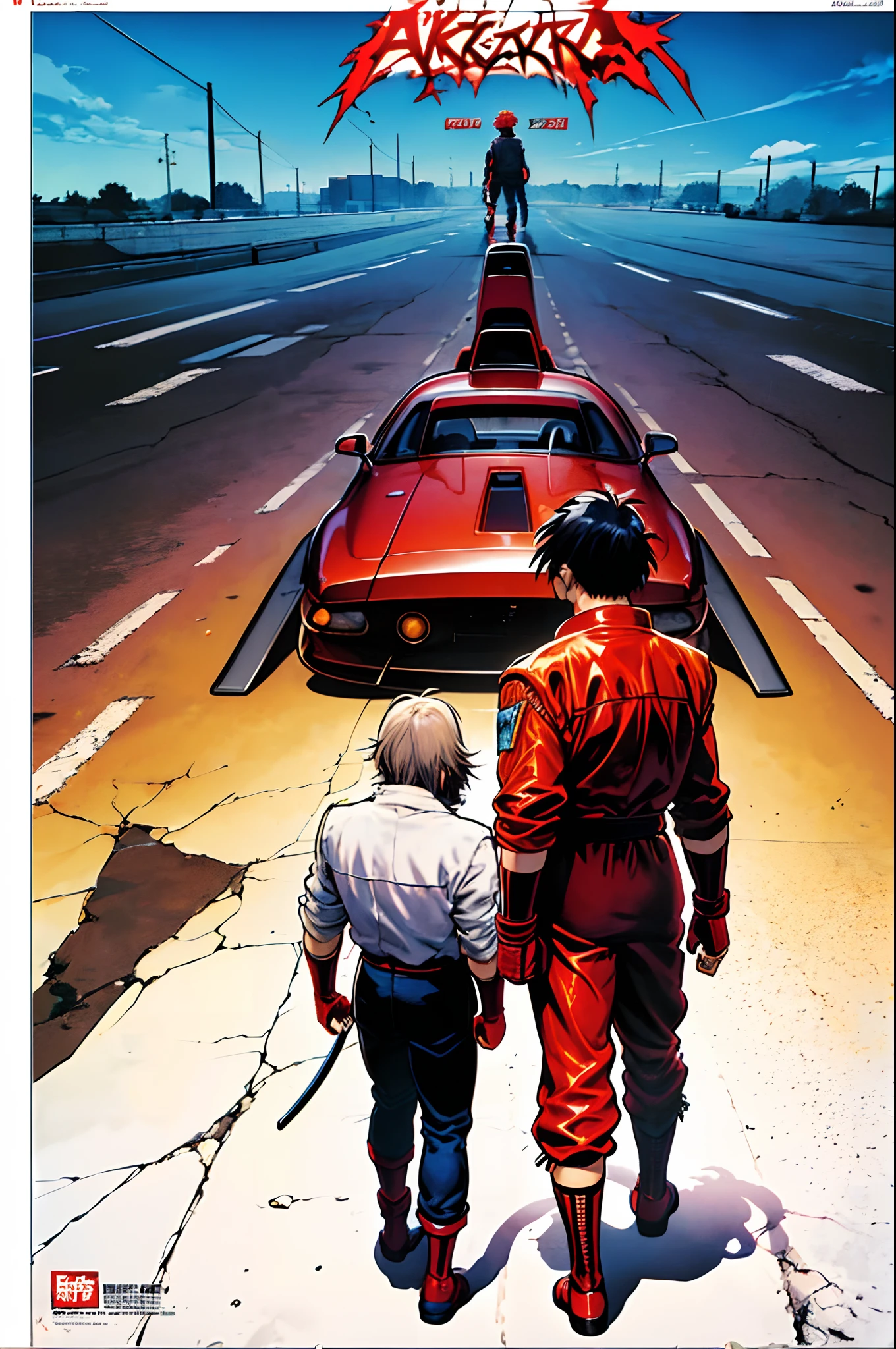 (((AKIRA POSTER)) #anime #concept #poster #akira akiraposter from above from behind walking ground vehicle motorcycle ((Shinkiro art style)) #anime #street fighter #style #kof #snk #shinkiro art style