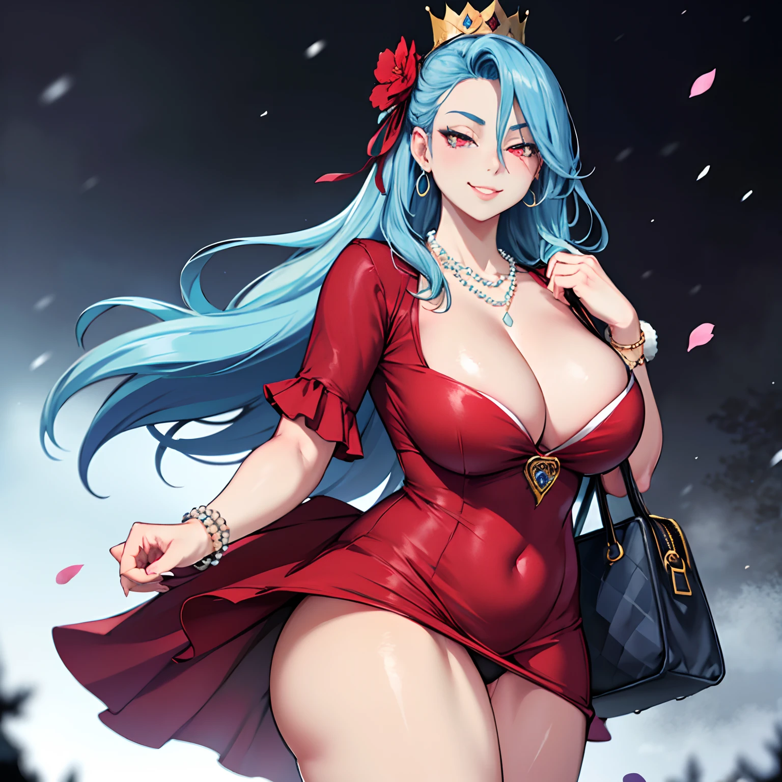 (solo), happiness, Ultra-detailed, vibrant colors, snowfield, snow, (lonesome cold (winter night) background), darkness, pine forest, silk curtains, falling petals, arrogant 1girl, mature female, queen mother, very mean, cruel, (wicked smirk), large breasts, (cleavage), big ass, skinny, pink silk dress, ribbon, handbag, purse, blue hair, luxurious jewelries, expensive necklaces, pearls, pendants, bracelets, earrings, (crown), (red glowing eyes), (looking down at viewer), hair ribbon, hair flower, Photorealistic, (from below), (depth of field), cinematic lighting, close-up, masterpiece, (anatomically correct)
