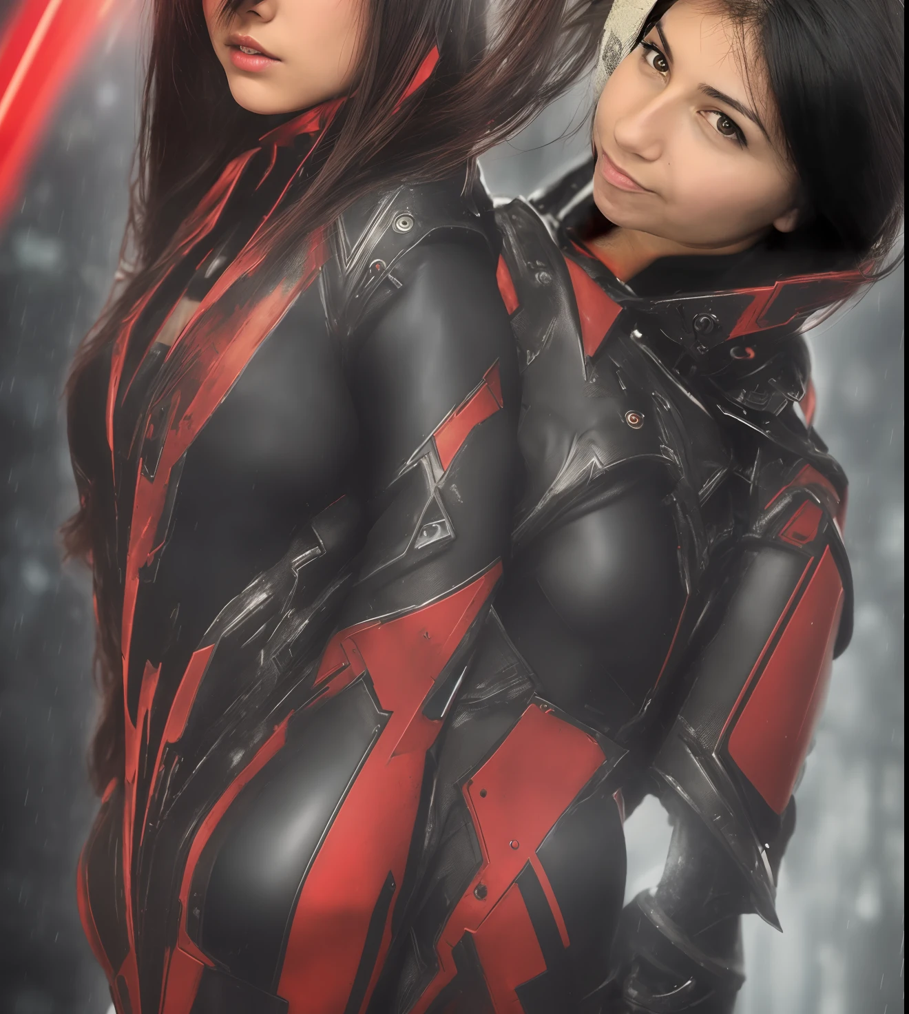 1 girl, WARFRAME, intricate pattern, heavy metal, energy lines, faceless, glowing eyes, elegant, intense, blood red and black uniform, solo, modern, city, streets, dark clouds, thunderstorm, heavy rain,, dramatic lighting,, (masterpiece:1.2), best quality, high resolution,   beautiful detailed, extremely detailed, perfect lighting, NSFW, perfect boobs, perfect body