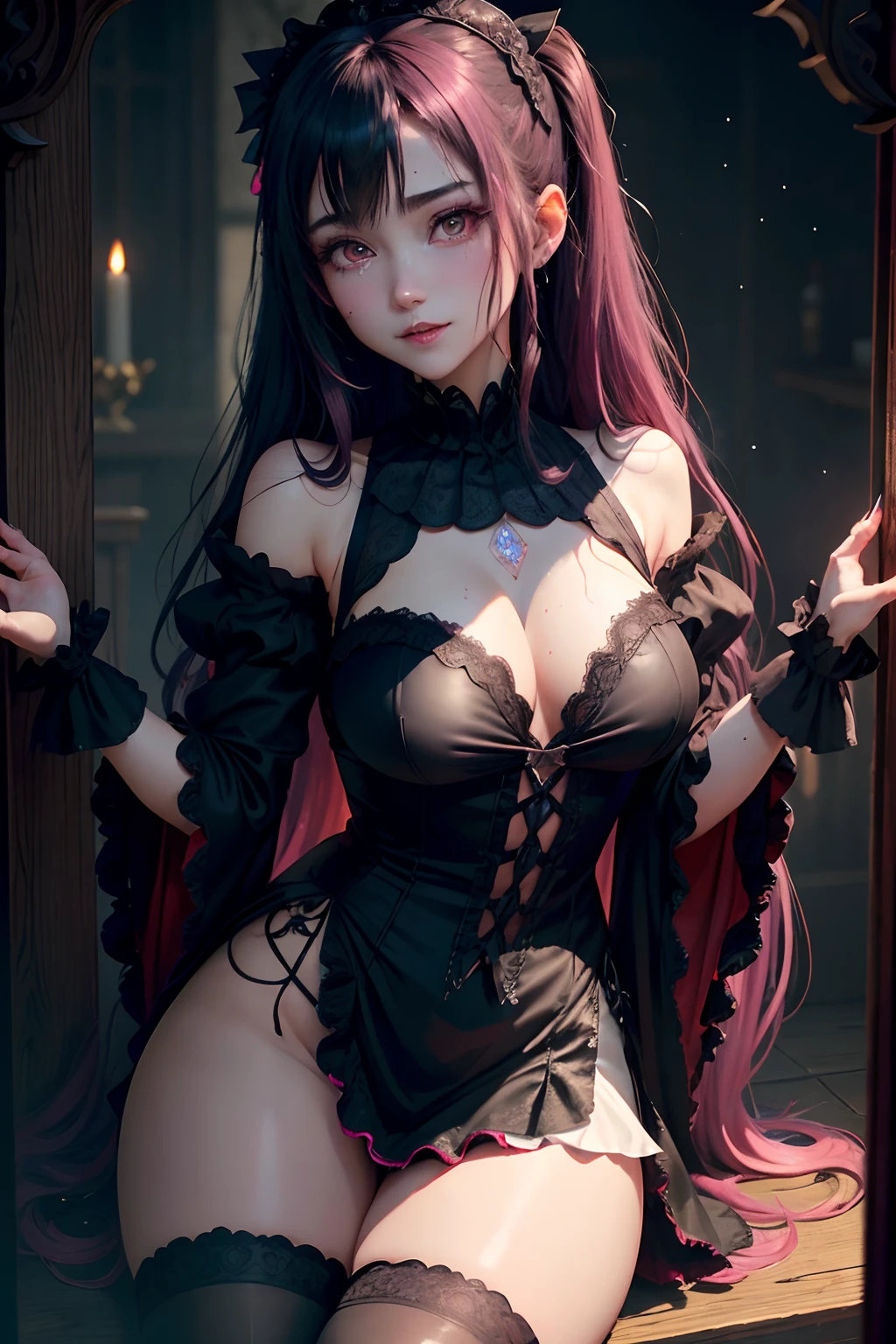 Hard Dark Gothic Makeup、Maniacal、Deep night sky、horor、Black Dark Eyeshadow、crying how bright、mourn、Good skin luster、Long hair straight hair、Dark Gothic Makeup、Dark smile、Restless Palace、Expressions of sexual arousal、Fragrant beauty、22year old、Lying、seductiv、Strong sexual pleasure facial expressions、A look of shame、Dark Gothic、Gothic ta、bell sleeves、Wizard Sleeve、Obscene look、Stained glass background、masutepiece、Best Quality、Refers to 5 books、Sweat glitters on my chest、Expression of sexual pleasure in anguish、Drunken face、maid clothes、Mysterious、noble、Face holding back the toilet、Flirty gothic lolithes、the body is wet and shiny、Transcendent sex appeal、sloppily open your legs、Glitter on thighs、I'm sweating a lot、Breast Size Medium、Affectionate smile、twin-tail hair、bright pink hair、The thighs are quite wet、Jet black ruffled mini skirt、Glamour、