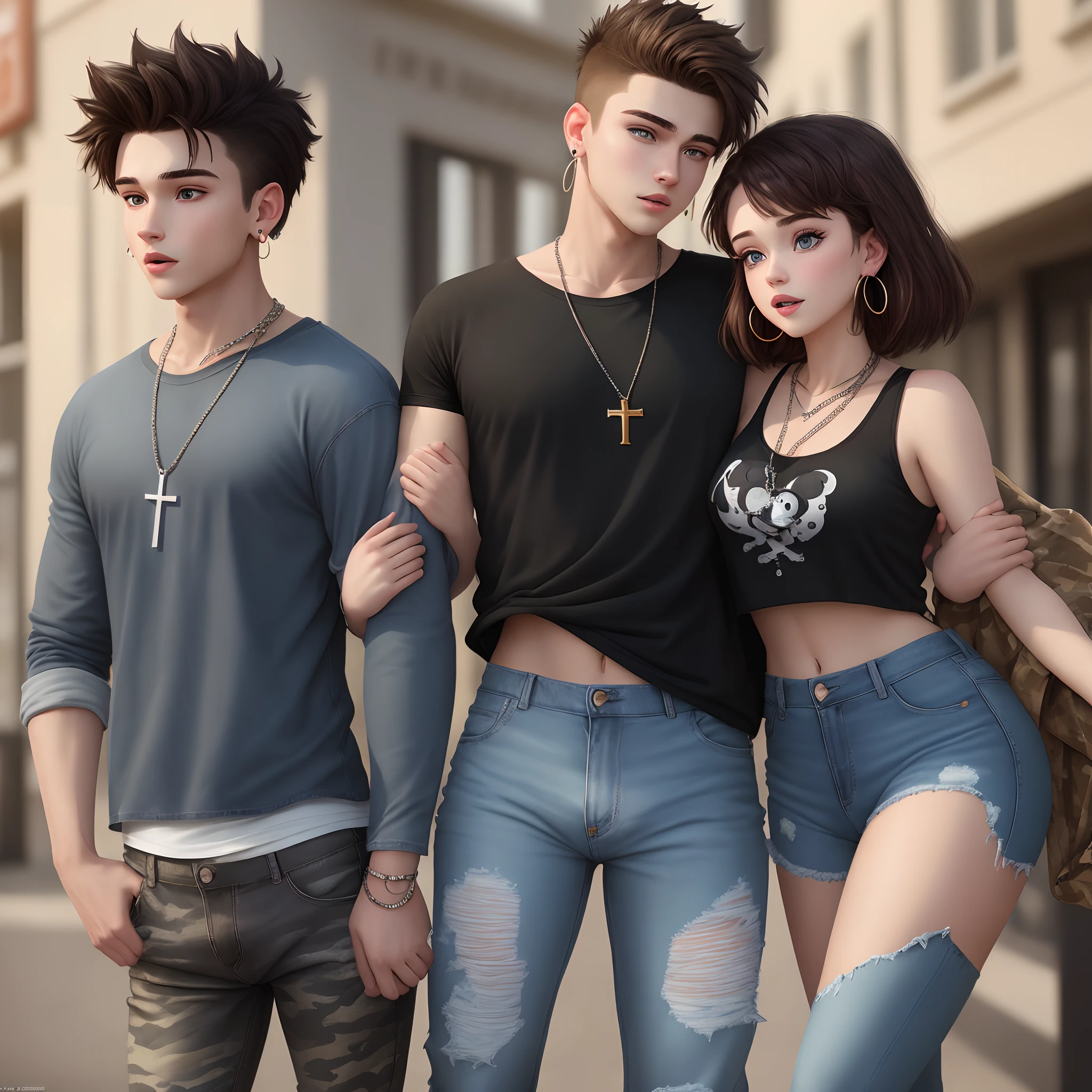 A Disney Pixar inspired movie poster with the title “Brandon and Kayla” featuring a age Caucasian couple with the girl having long brown hair with hazel eyes and silver hoop earrings and she wears baggy ripped jeans with a black crop top and with the boy he has brown short hair that’s buzzed in the sides with blue eyes and wearing a cross chain and he doesn’t have earrings and he wears camouflage pants with a black t-shirt