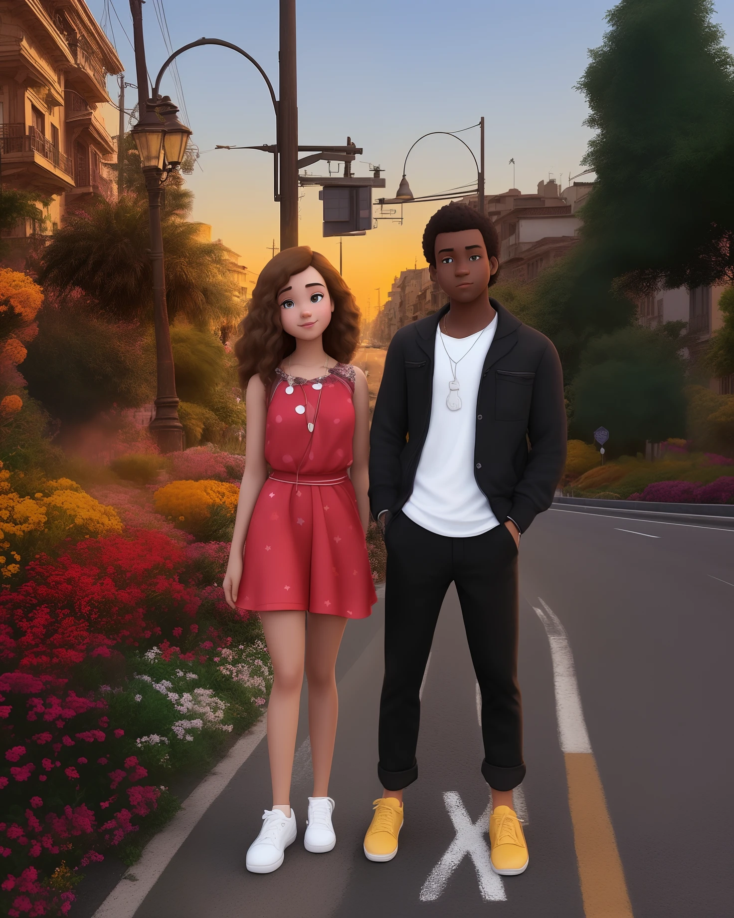 There's two people standing on the side of the road, foto muito precisa, standing in the streets, standing in a city street, standing in the street, vacation photo. Uma jovem loira e um jovem ?????. 3D animation in the style of Disney Pixar